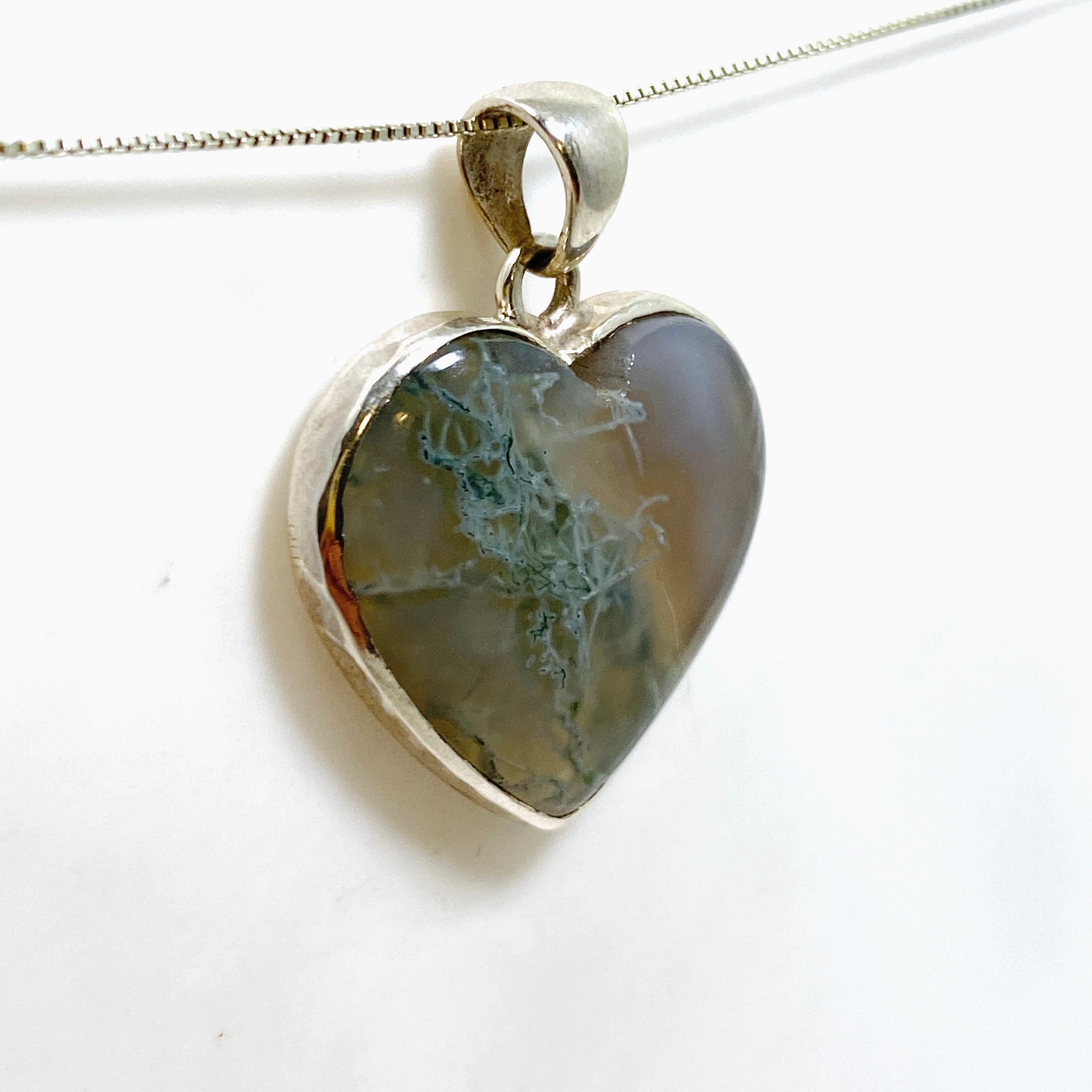 Natural Moss Agate Heart Cabochon Pendant in Hammered Sterling Silver Setting KPGJ4703 - Perfect for Jewelry Making, Gifts & Spiritual Healing