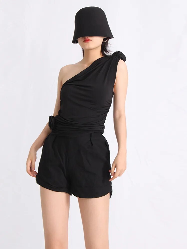 Women's Asymmetrical Solid Color Tank Top - Diagonal Collar Sleeveless Slimming Tunic with Floral Patchwork Design | Perfect for Summer Outfits, Beach Wear, and Casual Fashion