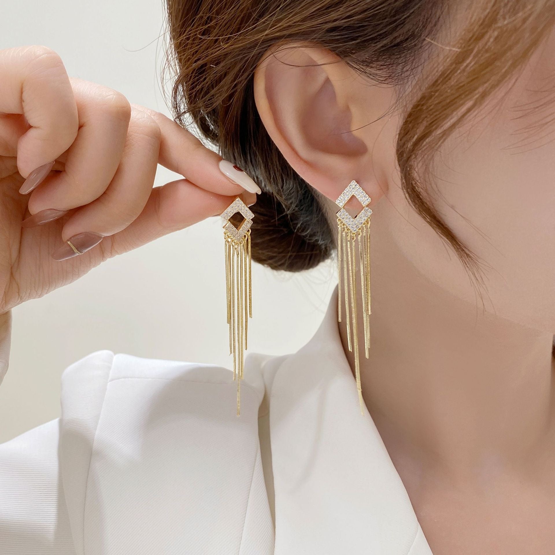 Stylish Rhombus Rhinestone Tassel Fringe Earrings for Women | Elegant Party & Evening Wear Jewelry | A7861