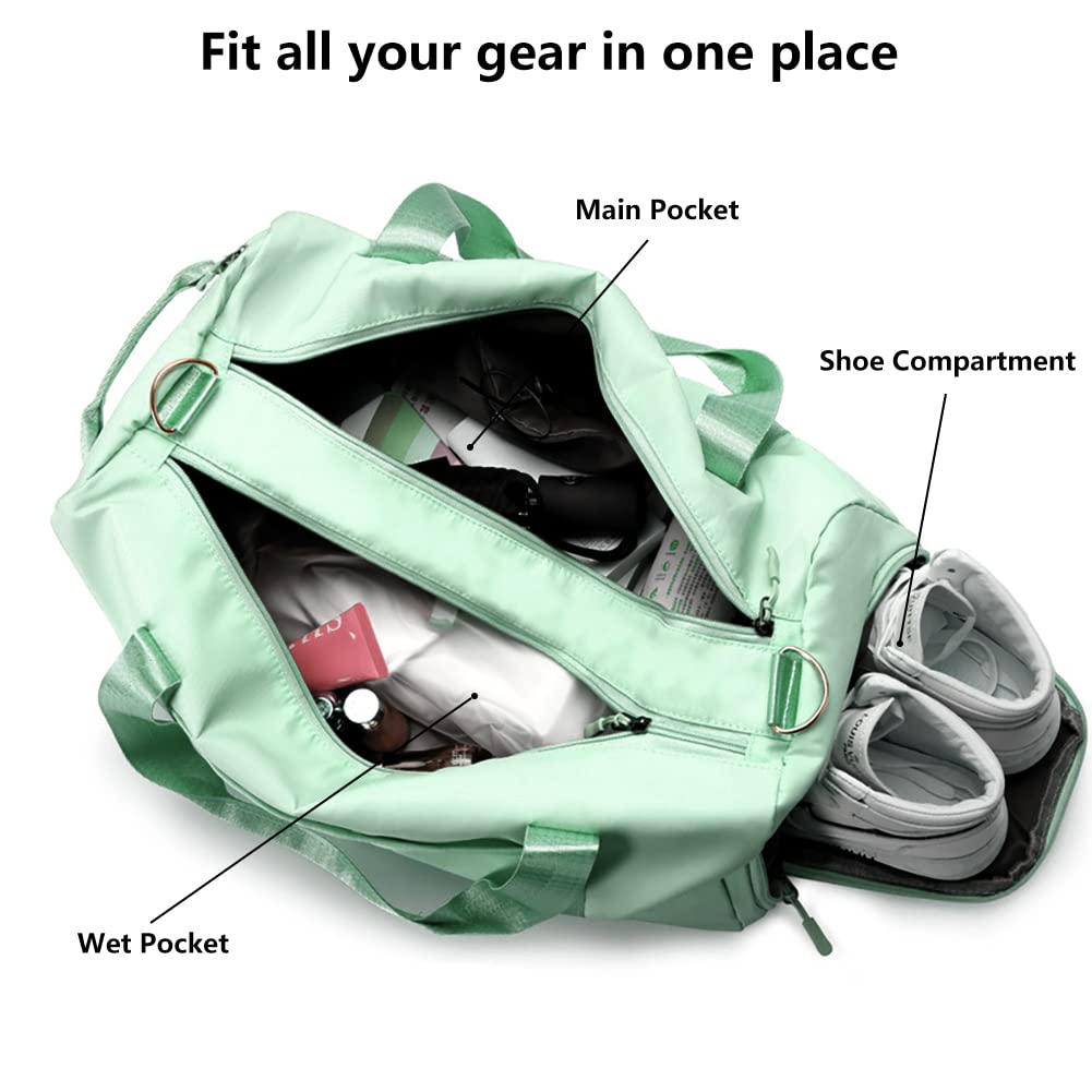 Waterproof Gym Duffle Bag for Women - Lightweight Travel Duffel Carry On Shoulder Bag with Shoe Compartment | Perfect for Sports, Overnight Trips, School & Camping | Medium Green Weekender Bag