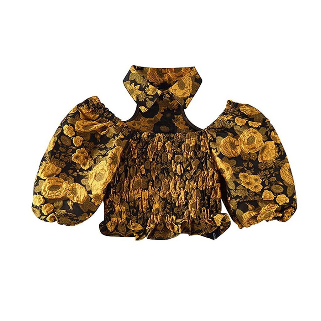Vintage French Puff Sleeve Blouse for Women - Retro Dark Style Half Sleeve Short Top (Color A, Size S) | Perfect for Casual Outings, Date Nights & Boho Fashion