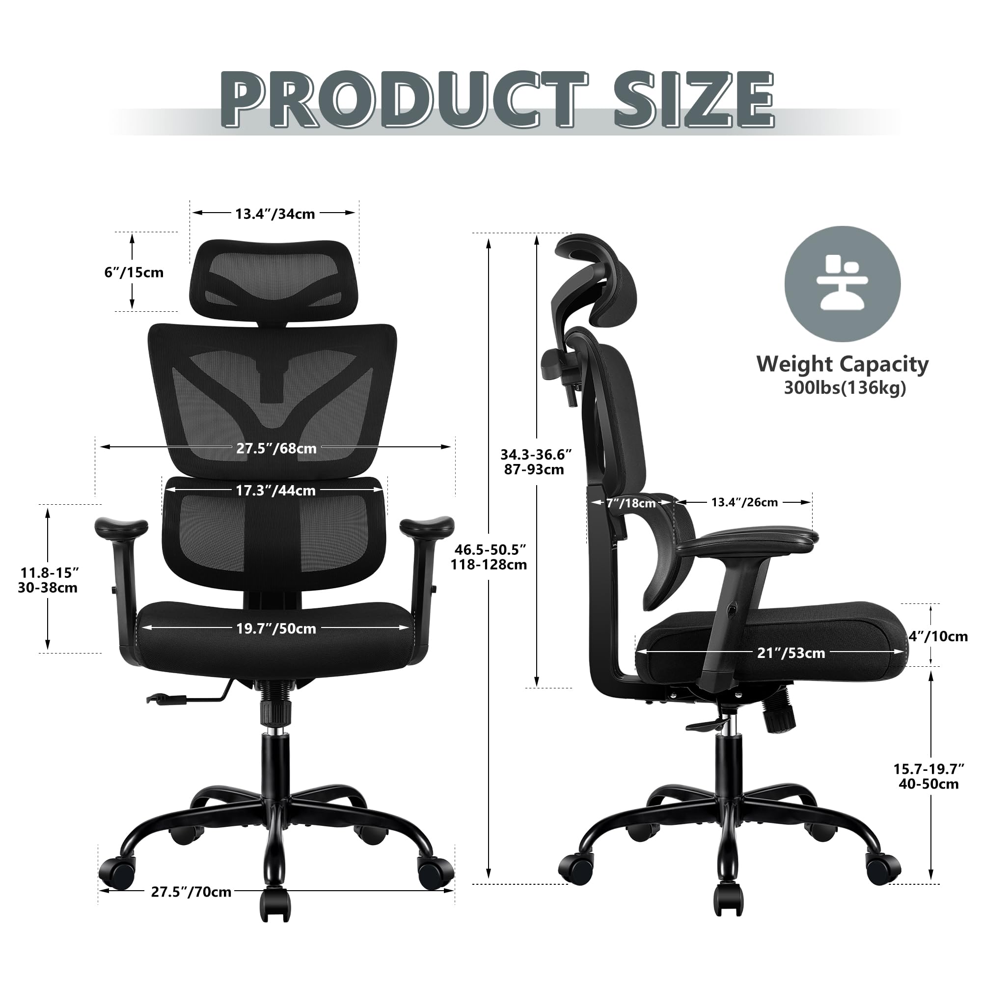 Winrise Ergonomic Office Chair - High Back Mesh Computer Desk Chair with Lumbar Support & Adjustable Armrests, Big and Tall Reclining Gaming Chair for Home Office, Work, and Study (Black)