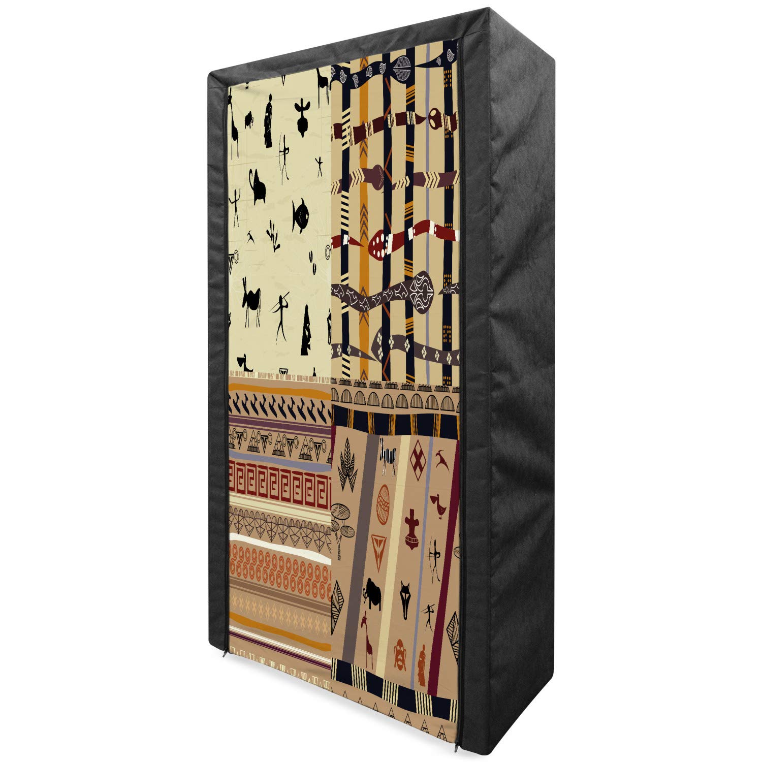 Ambesonne Portable Fabric Wardrobe with Prehistoric Hunting Animal Prints - Elephant Zebra Fish Snake Tribal Patterns, 33.5
