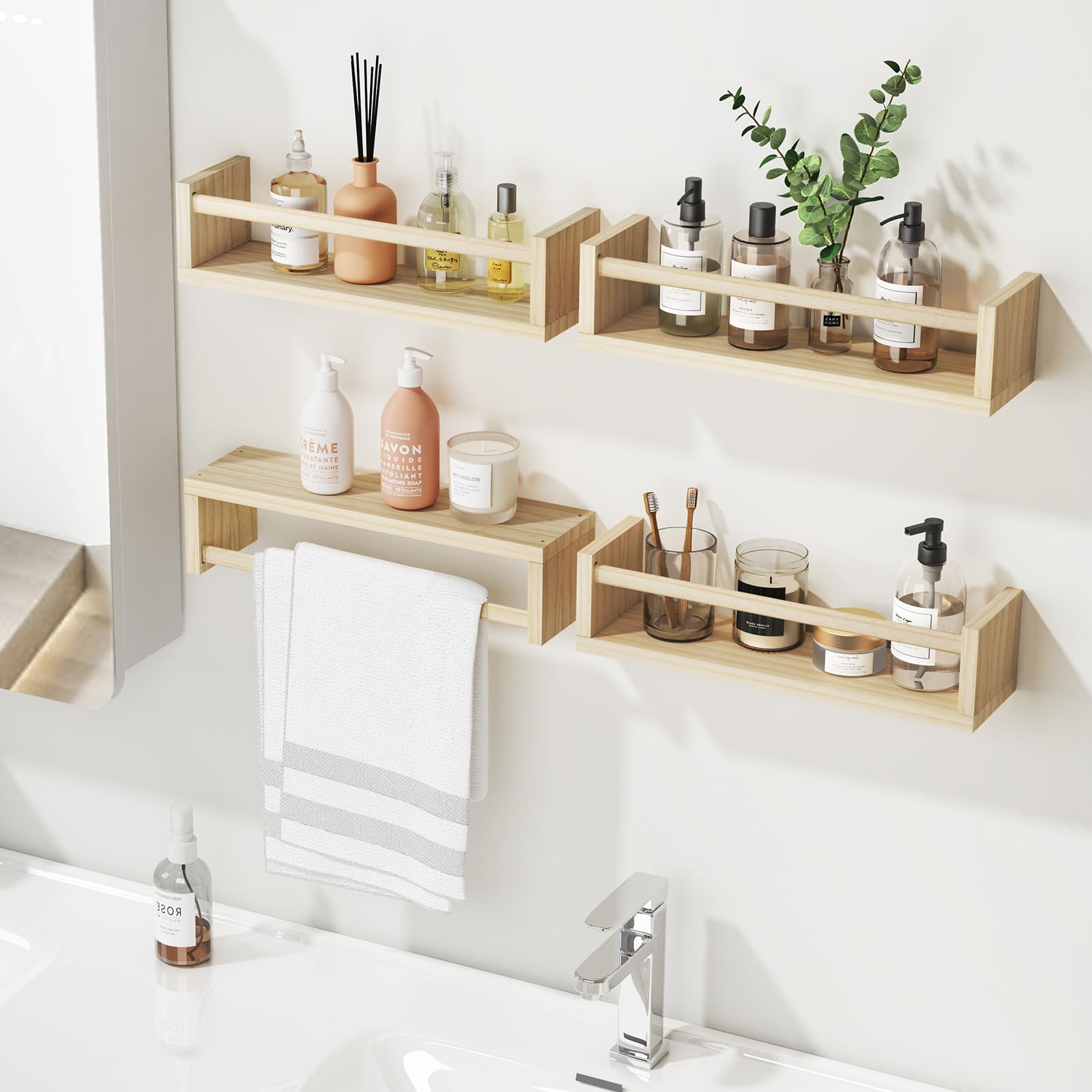 Fixwal 16.5 Inch Floating Bookshelves Set of 4 - Solid Wood Wall Mounted Nursery Shelves for Books & Toys Storage - Natural Wood - Perfect for Kids Room, Playroom & Classroom Organization