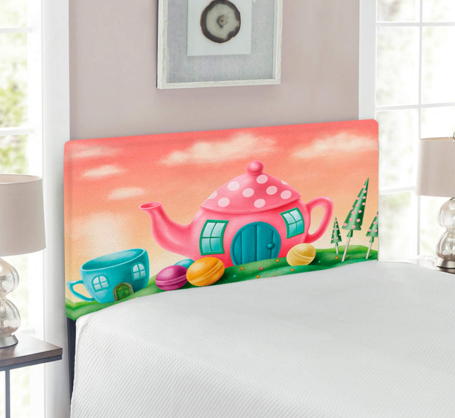 Ambesonne Fantasy Headboard - Upholstered Decorative Metal Bed Headboard with Memory Foam, Twin Size, Pink & Green, Wonderland Theme Meadow Teatime Artwork | Perfect for Kids' Bedrooms, Nursery Decor, and Alice in Wonderland Themed Rooms