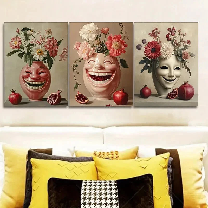 3-Piece Metal Wall Art Vase with Carved Faces - Ready to Hang Home Decor for Living Room, Bedroom & Office