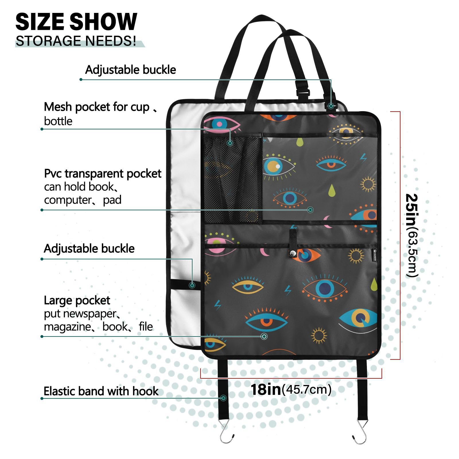 Evil Eyes Print Car Seat Back Organizer - 2 Pack Seatback Protector with Multiple Pockets for Tablet, Water Bottle, Tissues & Books (25x18 Inch) - Perfect for Road Trips, Family Travel & Daily Commute