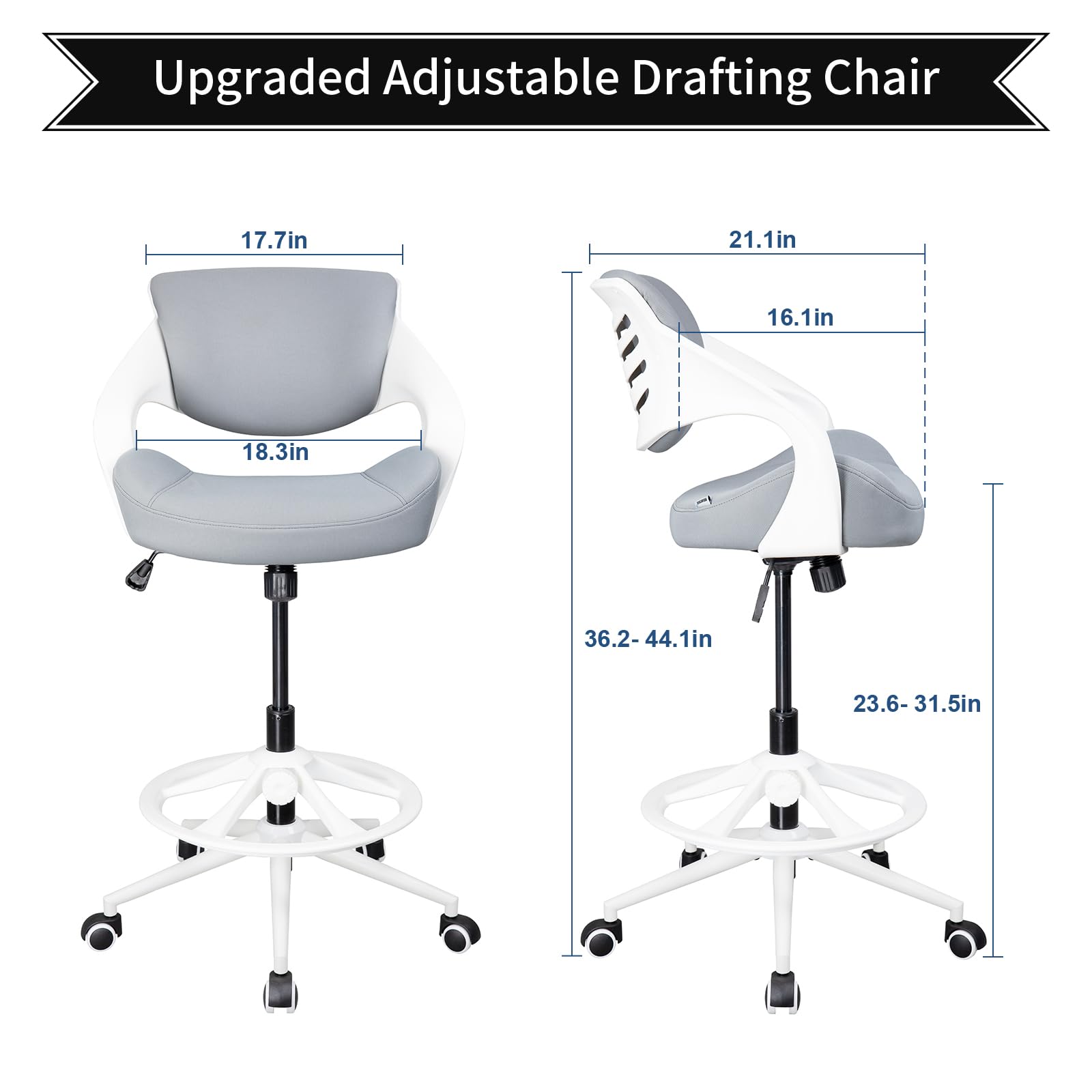 Ergonomic Drafting Chair with Lumbar Support & Foot Ring - Adjustable Swivel Task Chair for Standing Desks & Office Work - Grey - Perfect for Architects, Designers & Long Hours at Computer