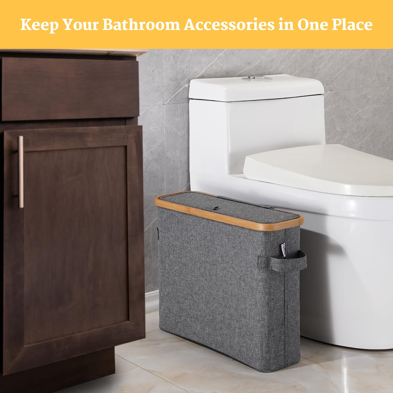Bamboo Toilet Paper Storage Basket with Lid - Bathroom Tissue Holder Organizer for RV, Closet & Home - Gray Storage Box with Handle | Perfect for Small Spaces, Bathroom Counter & Vanity Organization