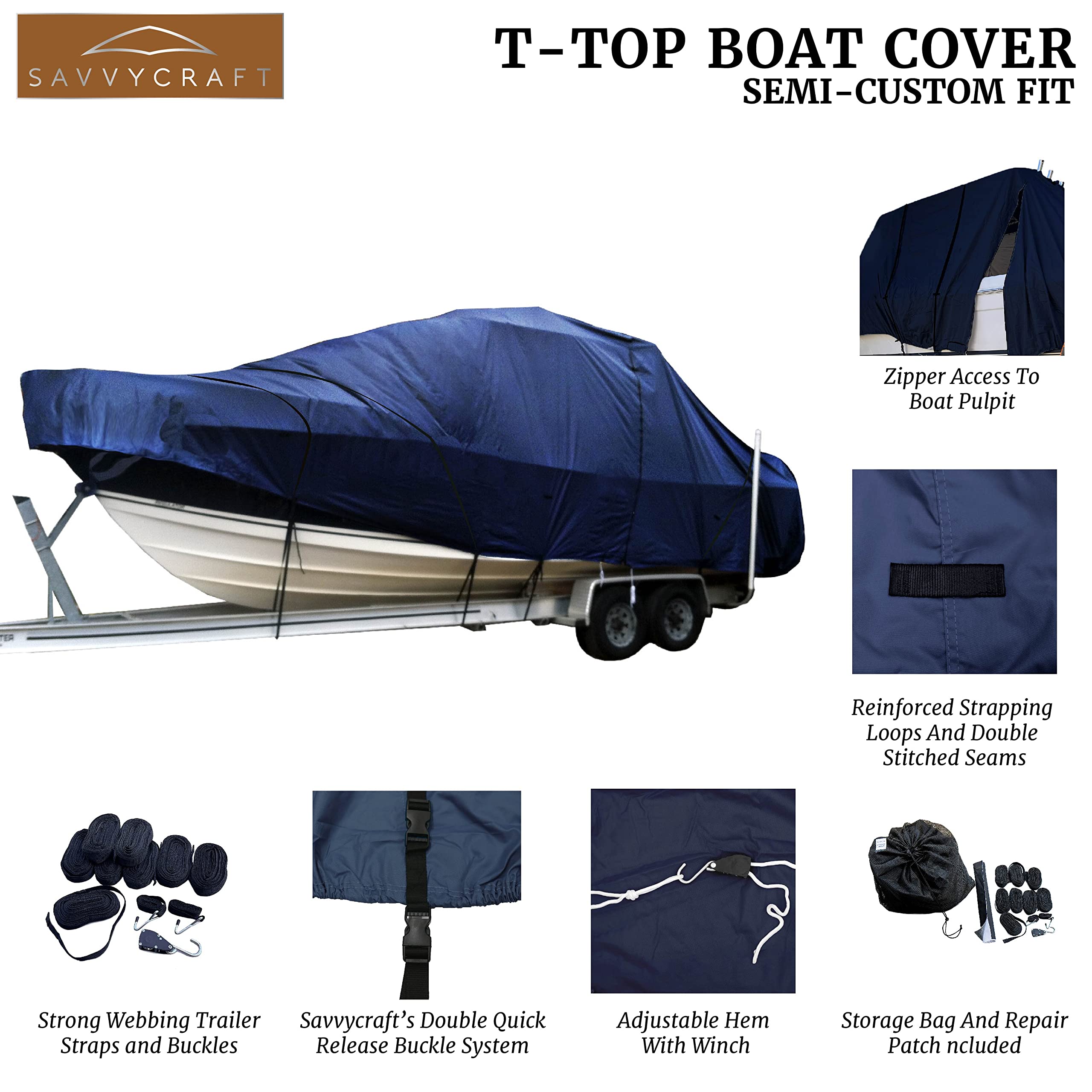 Heavy Duty T-Top Boat Cover for Center Console Boats - Waterproof UV-Resistant Marine Grade Fabric - Fits Up to 26 ft (Navy Blue) - Ideal for Outdoor Boat Storage & Protection from Sun, Rain & Debris