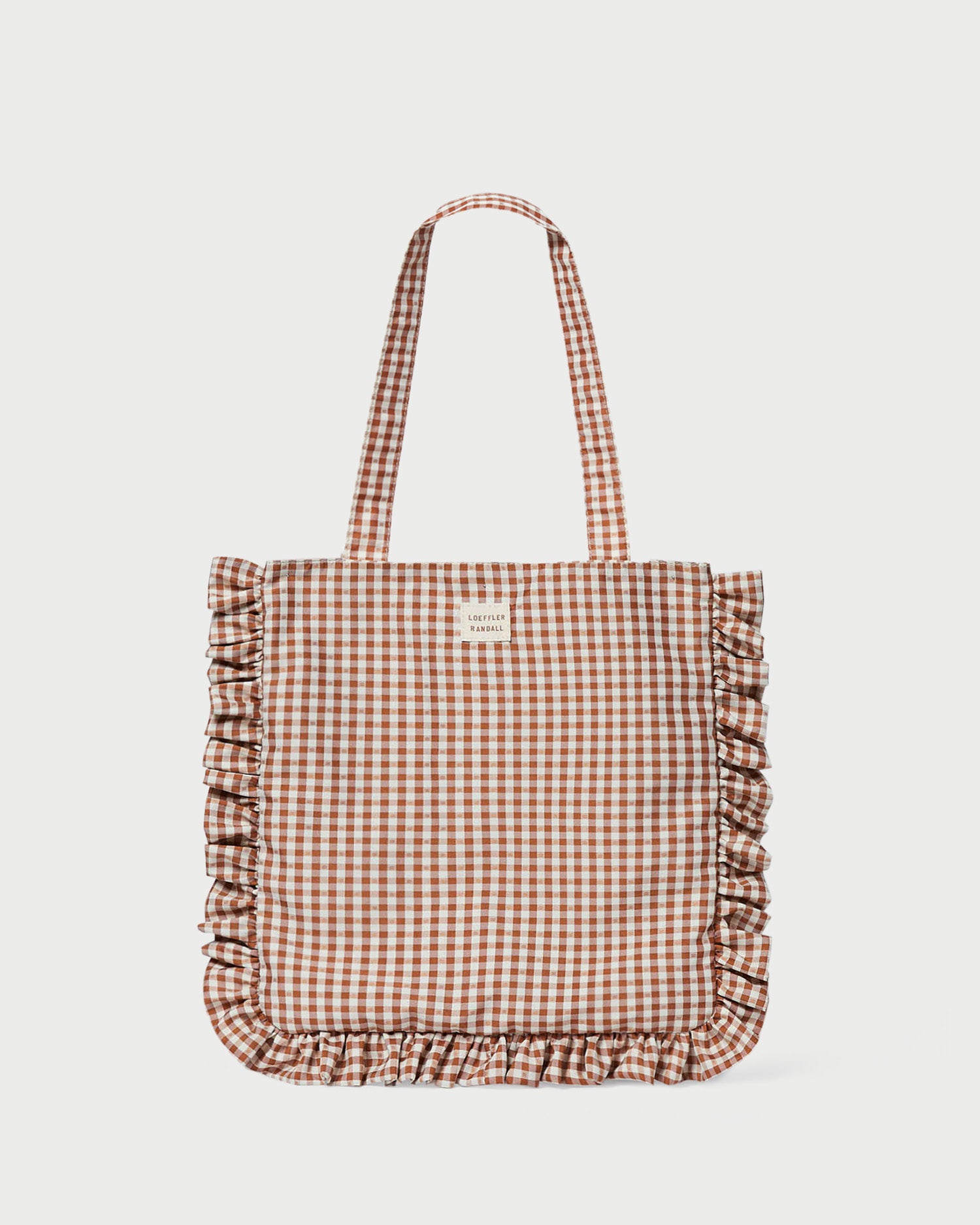 Justine Brown Gingham Ruffle Tote Bag - Stylish Women's Summer Beach Tote with Ruffled Trim - Perfect for Beach Outings, Picnics, and Shopping