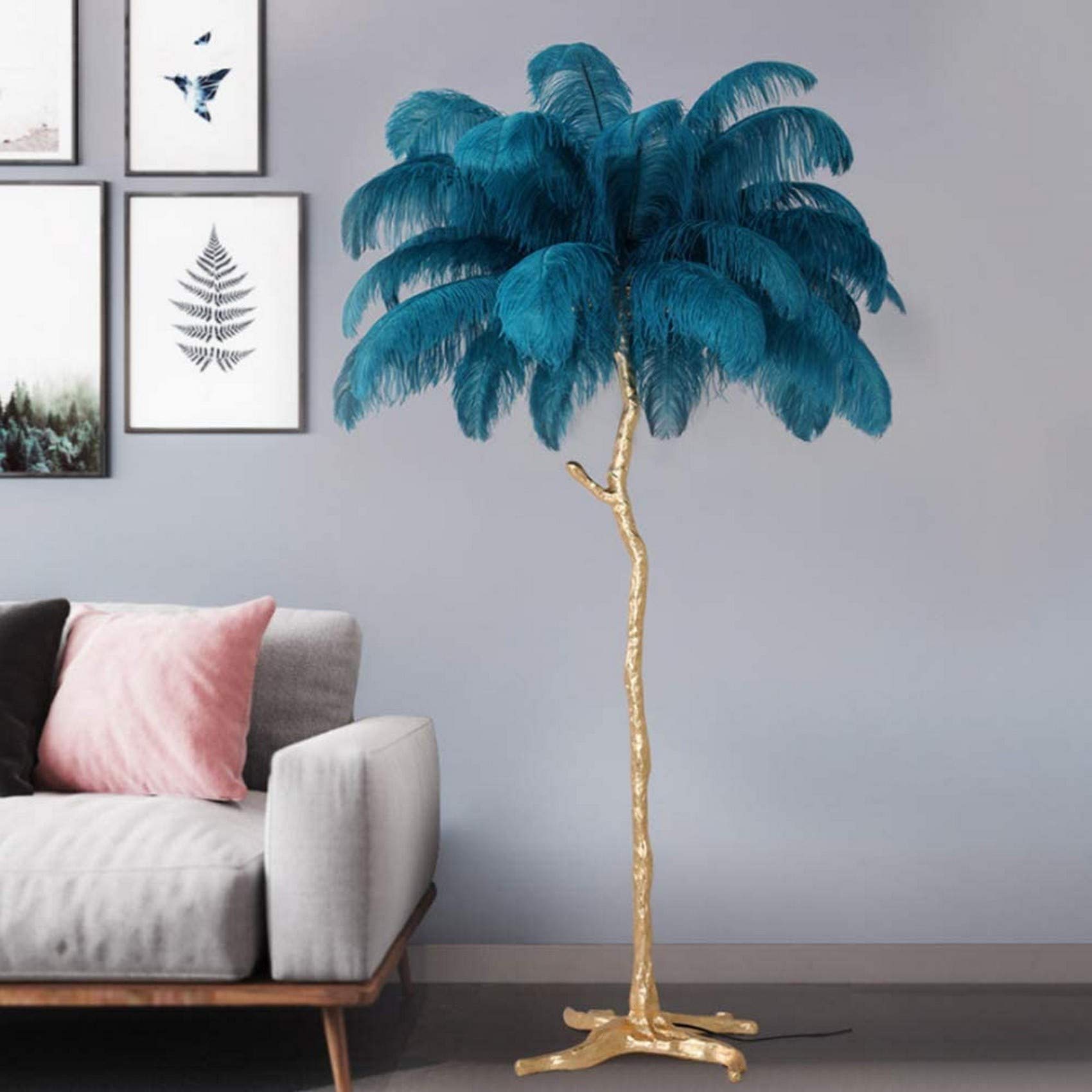 JHSHENGSHI Modern LED Feather Floor Lamp - Real Ostrich Feather & Resin Tripod Standing Light for Living Room, Bedroom, Office | Dimmable Ambient Lighting for Home Decor & Cozy Atmosphere