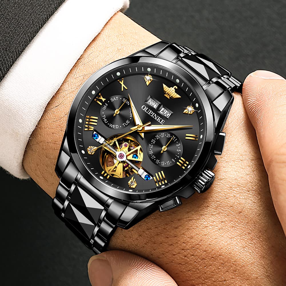 OUPINKE Men's Luxury Automatic Skeleton Watch with Diamond Accents - Self-Winding Dress Watch with Sapphire Crystal & Tungsten Steel Band - Perfect for Business, Formal Events & Gift Giving
