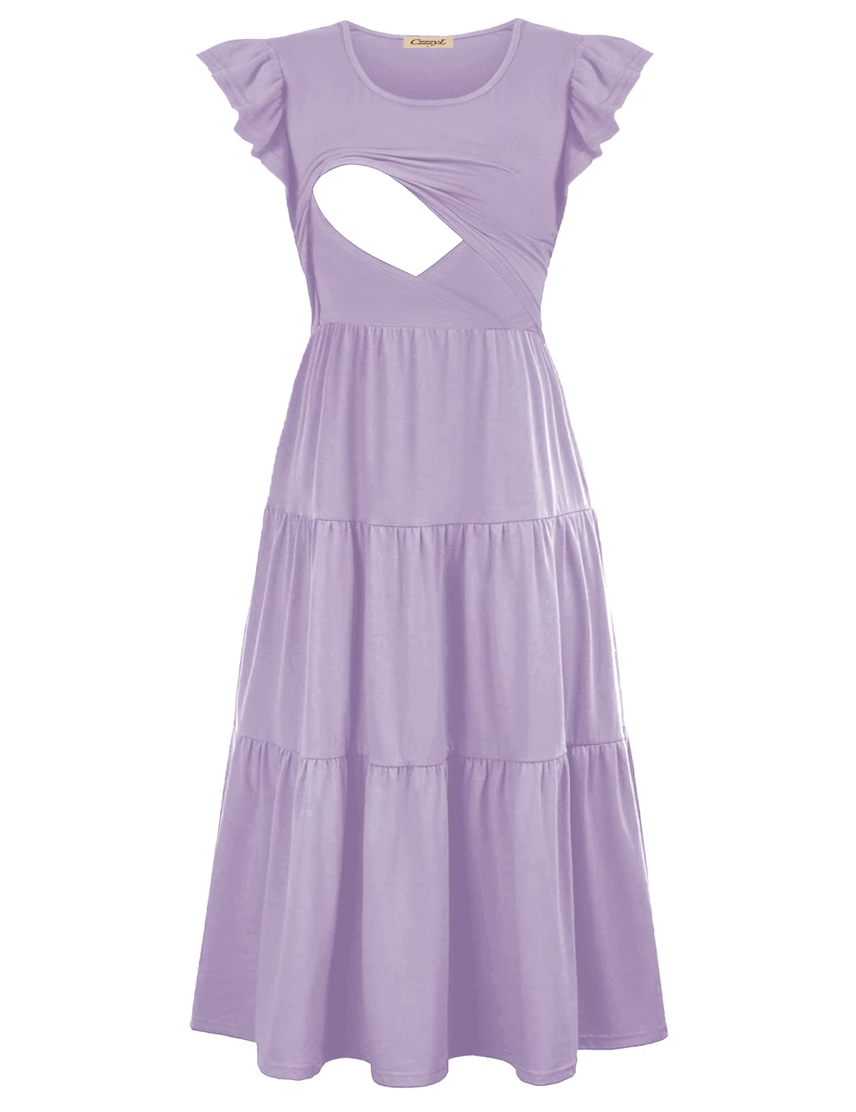 Women's Flutter Short Sleeve Smocked Tiered Nursing Dress - Breastfeeding Maternity Dress for Nursing Mothers | Perfect for Casual Outings, Baby Showers & Summer Wear