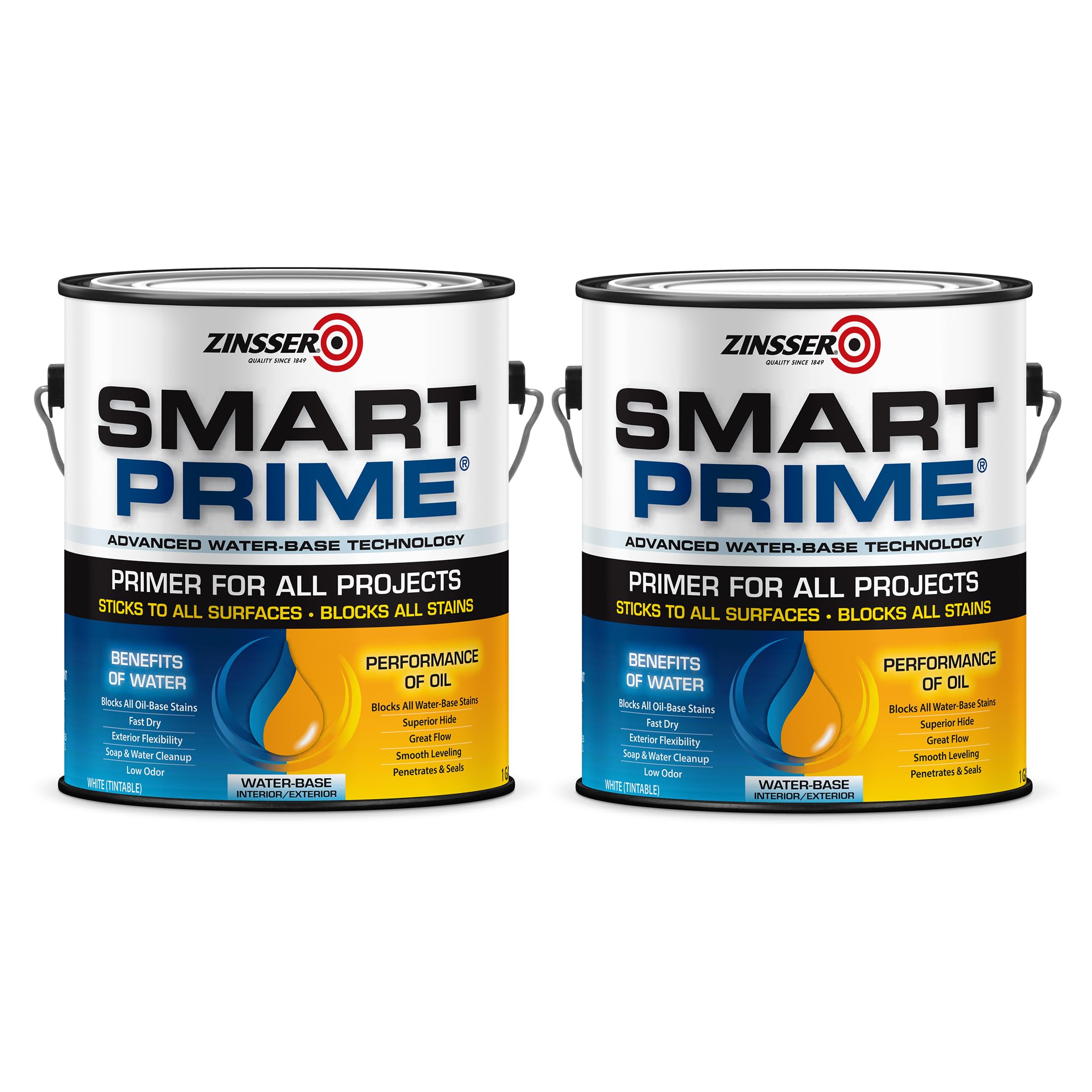 Zinsser 249729-2PK Smart Prime Water-Based Universal Primer - 2 Gallon Pack, White Interior/Exterior Paint Primer - Perfect for Drywall, Wood, Metal & Masonry Surfaces - DIY Home Improvement Projects