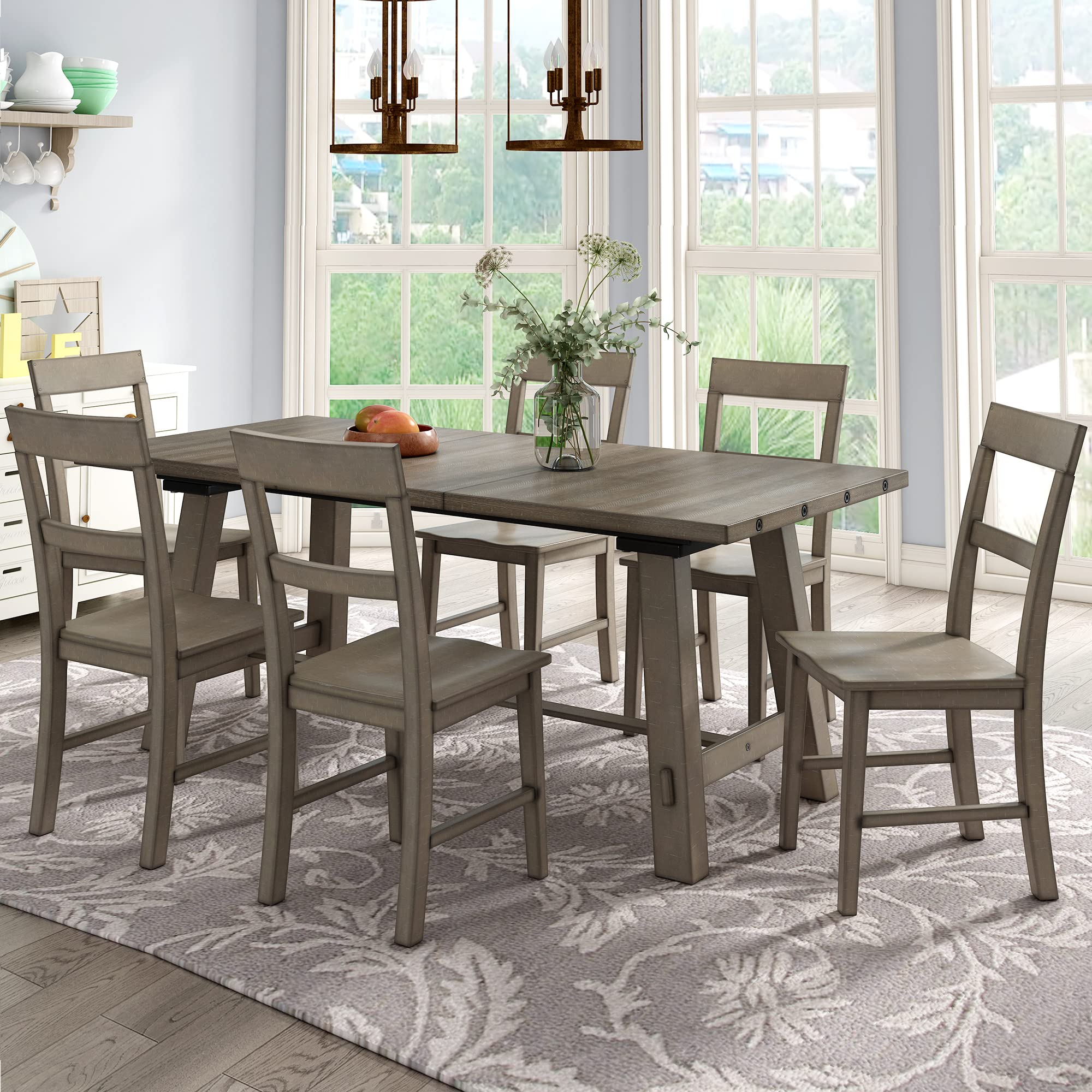 Merax 7-Piece Industrial Dining Table Set - Extendable Wooden Table with 18