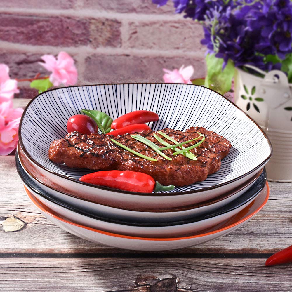 8 Inch Porcelain Dinner Plate Set of 4 - Large Japanese Style Square Ceramic Plates with Red & Black Patterns - Perfect for Appetizers, Sushi, Tapas, and Home Decor