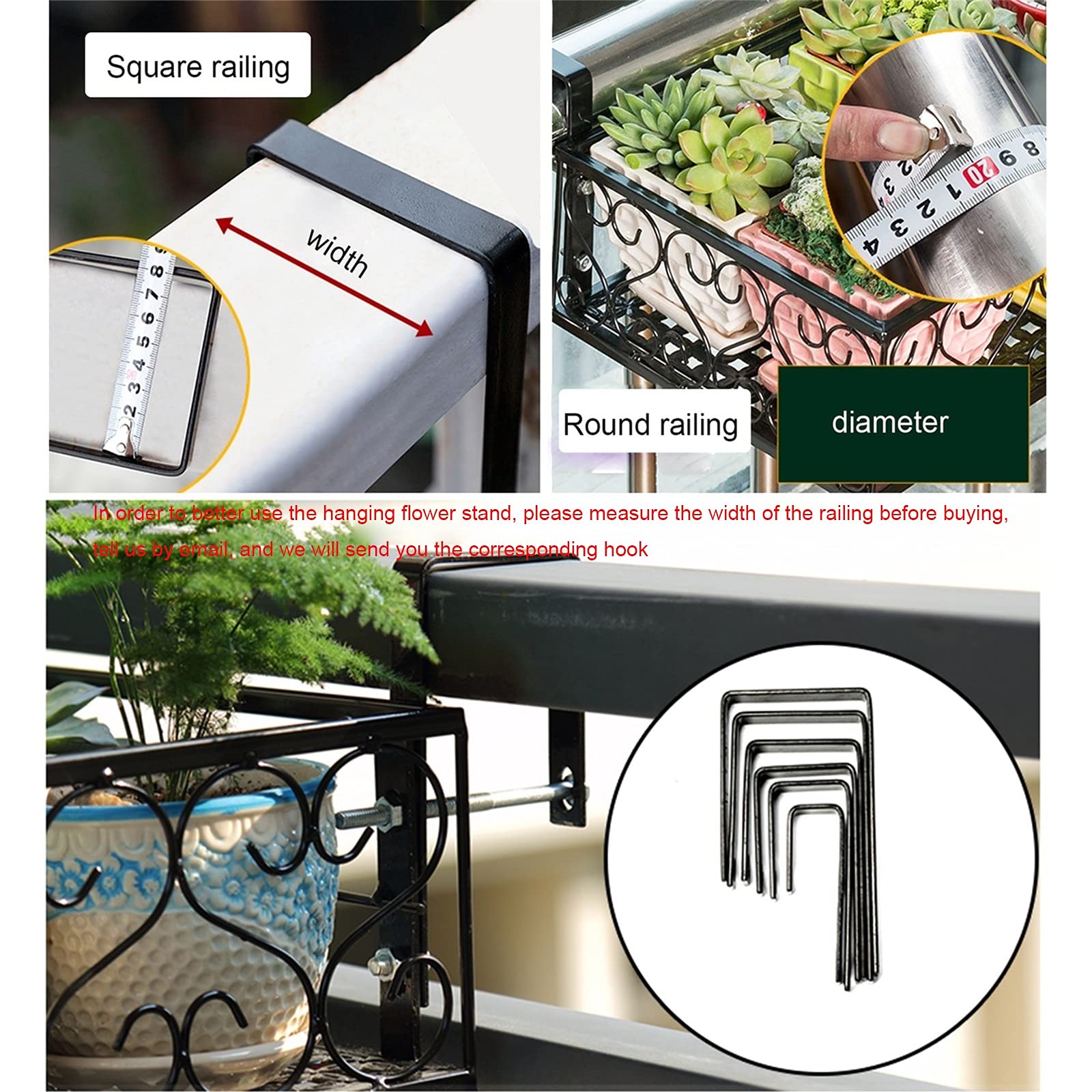 White Metal Hanging Flower Pot Stand for Balcony Railing - 80cm Plant Shelf Basket with Hooks - Durable Outdoor Garden Decor for Patio, Porch & Fence - Perfect for Small Space Gardening & Vertical Greenery Display