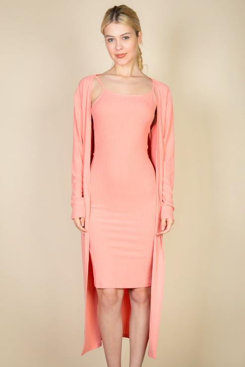 Stylish Ribbed Cardigan & Cami Midi Bodycon Dress for Women | Flattering Figure-Hugging Outfit | Perfect for Date Night, Office Wear & Casual Outings