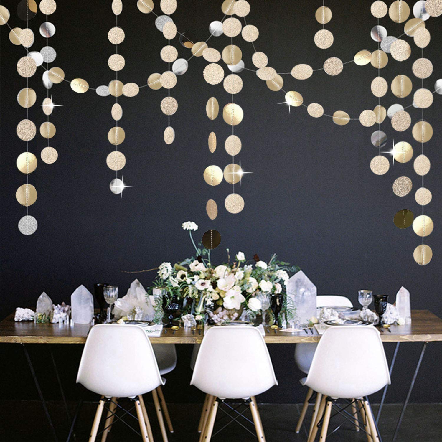 5Pcs Glitter Champagne Gold Paper Circle Dots Garland Banners - 65 Feet Hanging Bunting Decor for Engagement Party, Bridal Shower, Wedding, Baby Shower & Christmas Room Decoration - Perfect for Photo Backdrops, Ceiling Decor & Event Styling