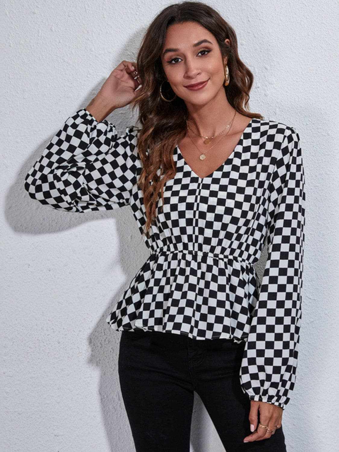 Stylish Checkered V-Neck Peplum Blouse for Women - Trendy Office & Party Wear