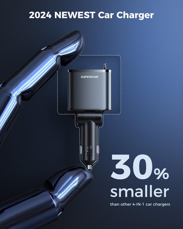 SUPERONE 69W Retractable Car Charger 4-in-1 Fast Charging Adapter with USB-C & Lightning Cables - Compatible with iPhone 15/14/13/12, Samsung Galaxy, iPad - Perfect for Road Trips & Daily Commutes