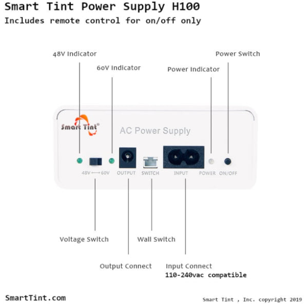 Smart Tint H 100R Power Supply - 100W Remote Control & Wall Switch Compatible for Smart Glass & Privacy Film (Home, Office, Conference Room)