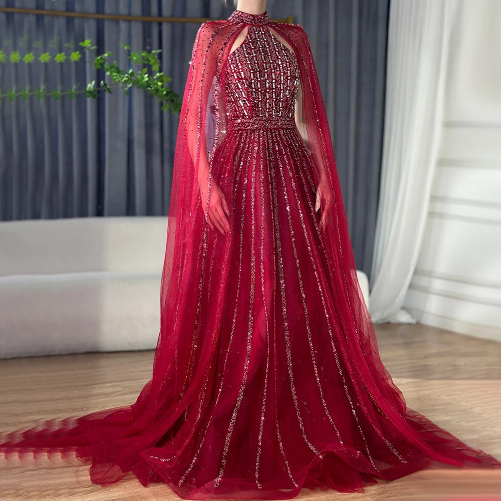 Elegant Arabic Turquoise A-Line Cape Sleeve Beaded Evening Gown for Women - Luxury Dubai Wedding Party Dress LA72306A | Perfect for Formal Events, Galas & Special Occasions