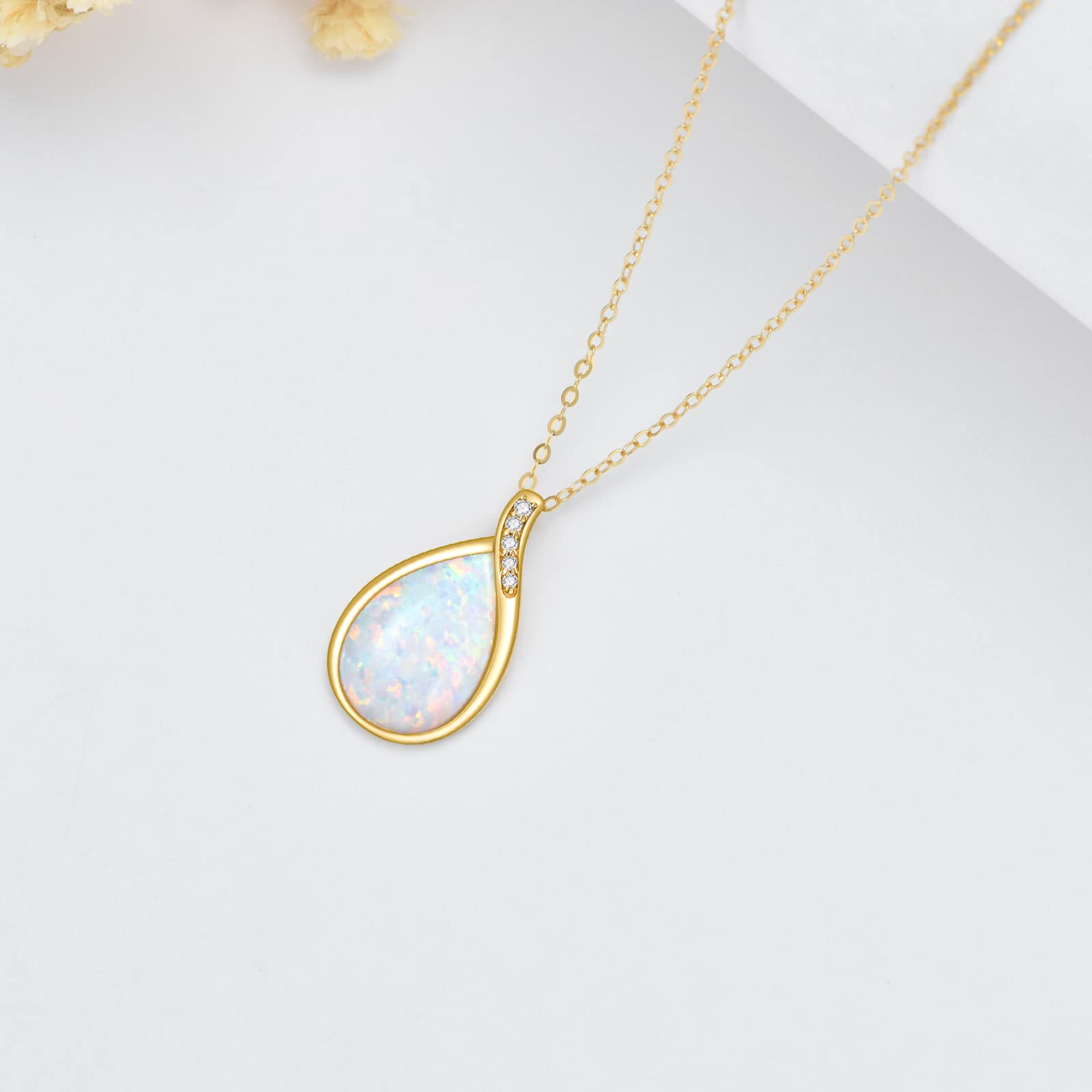 14k Solid Gold White Opal Necklace for Women - Dainty Teardrop Pendant with Genuine Diamond - October Birthstone Pear-Shaped Gemstone Jewelry Gift for Her (16