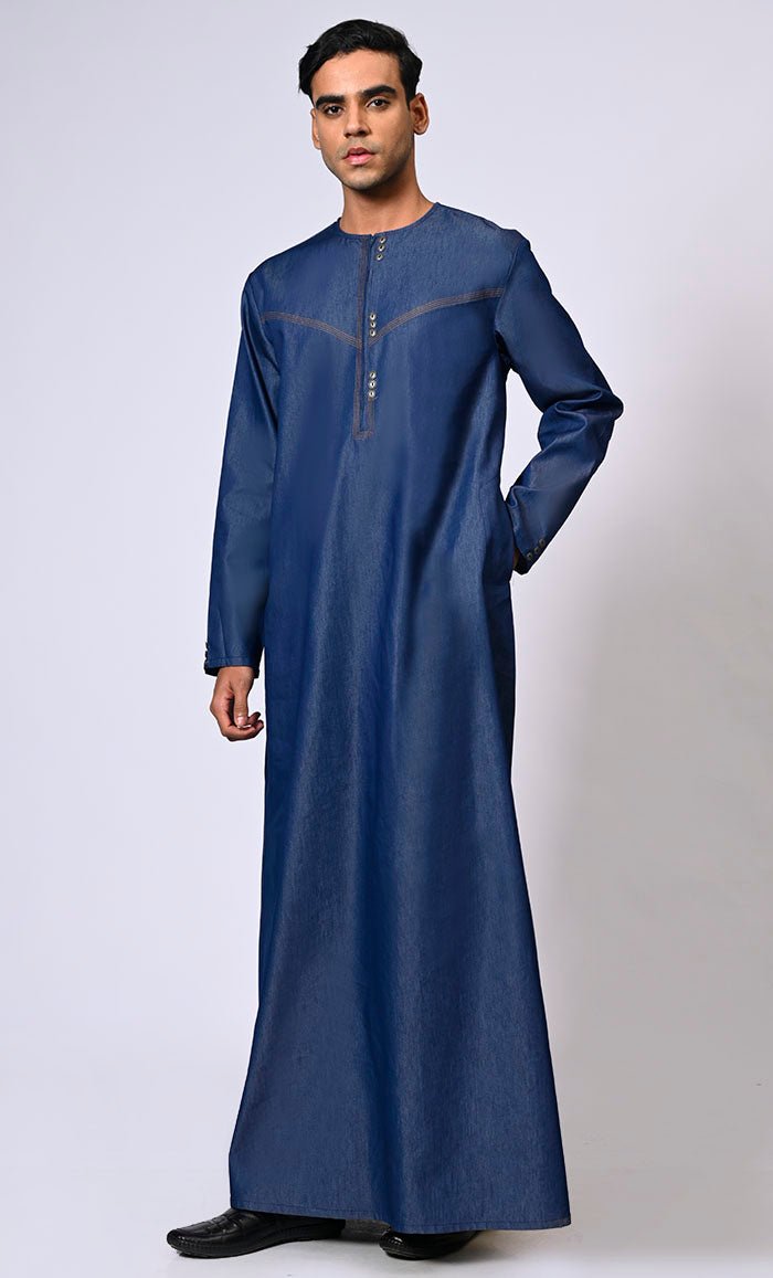 Men's Blue Denim Thobe with Show Buttons & Pockets - Stylish Islamic Robe for Daily Wear & Special Occasions