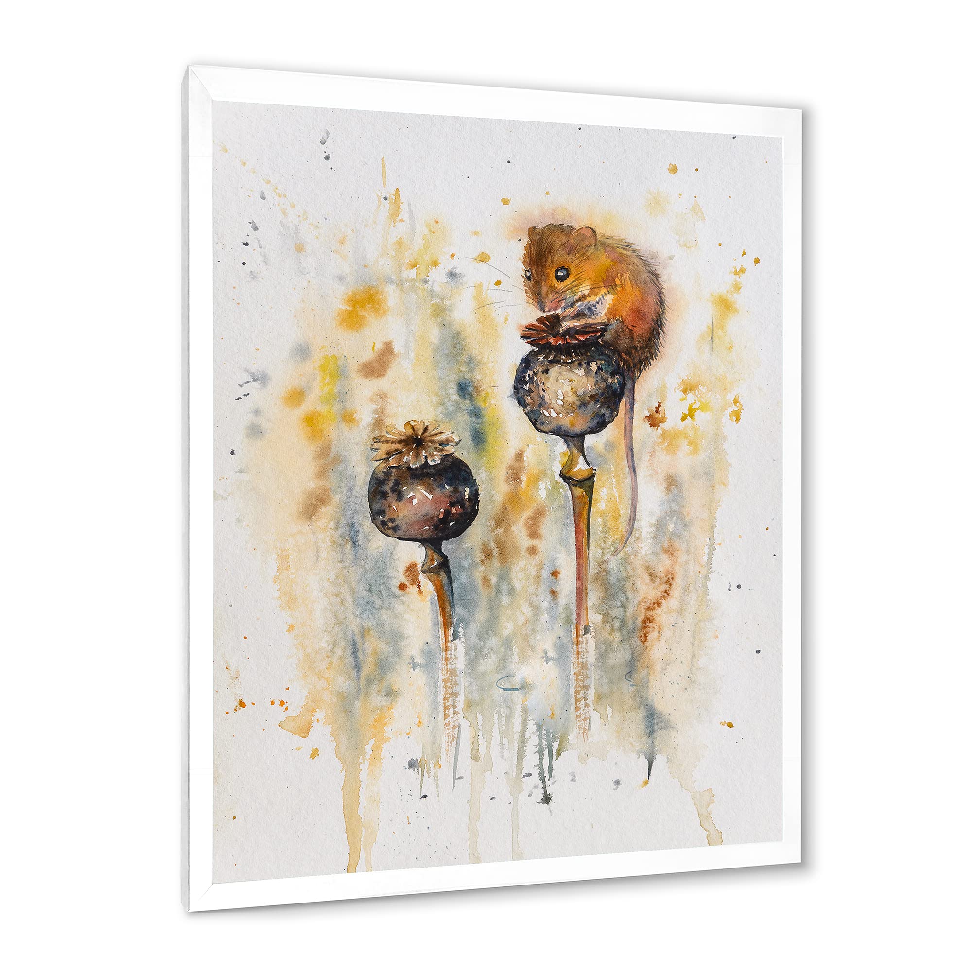 DesignQ Traditional Framed Wall Art - Mouse Sitting on Poppies Painting - Home & Office Decor for Living Room, Bedroom, or Gift