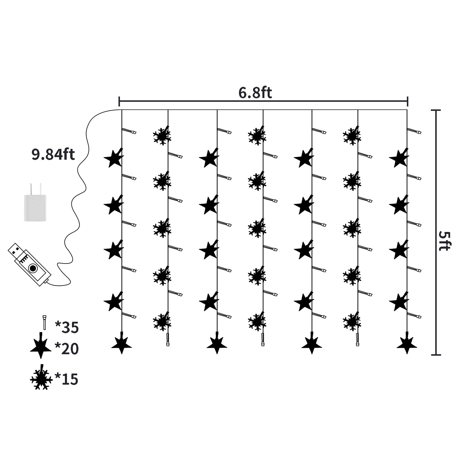 8 Modes Christmas Curtain String Lights with Snowflake & Star Designs - USB Plug-in Wall Lights for Indoor/Outdoor Holiday Decor - White Christmas Window Lights for Home, Party & Festive Decorations