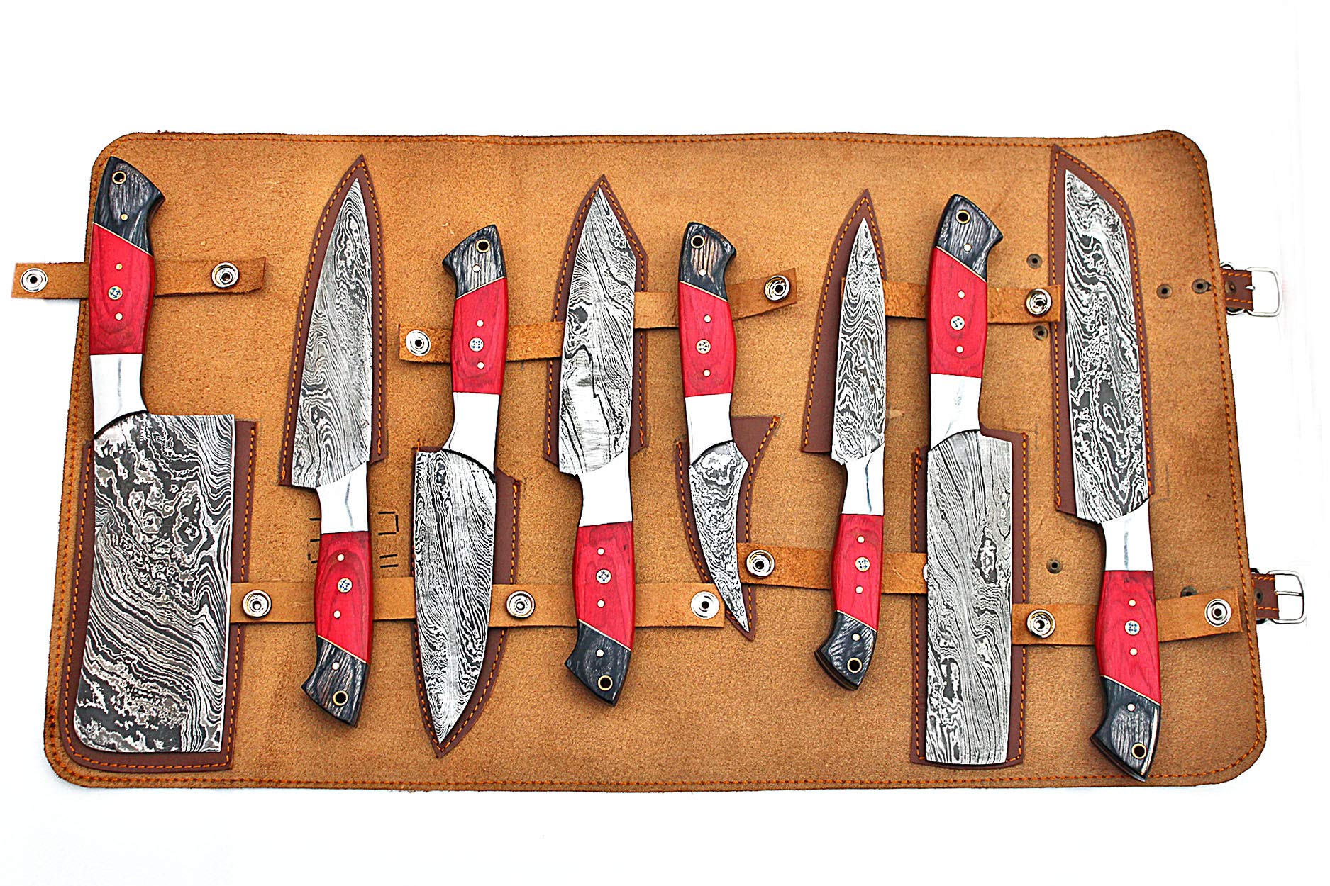 Premium Damascus Steel Kitchen Knife Set 8-Piece FBK-1027 - Handcrafted Chef Knives with Red & Black Wood Handle - Perfect for Home Cooking, Professional Chefs & Gift Giving