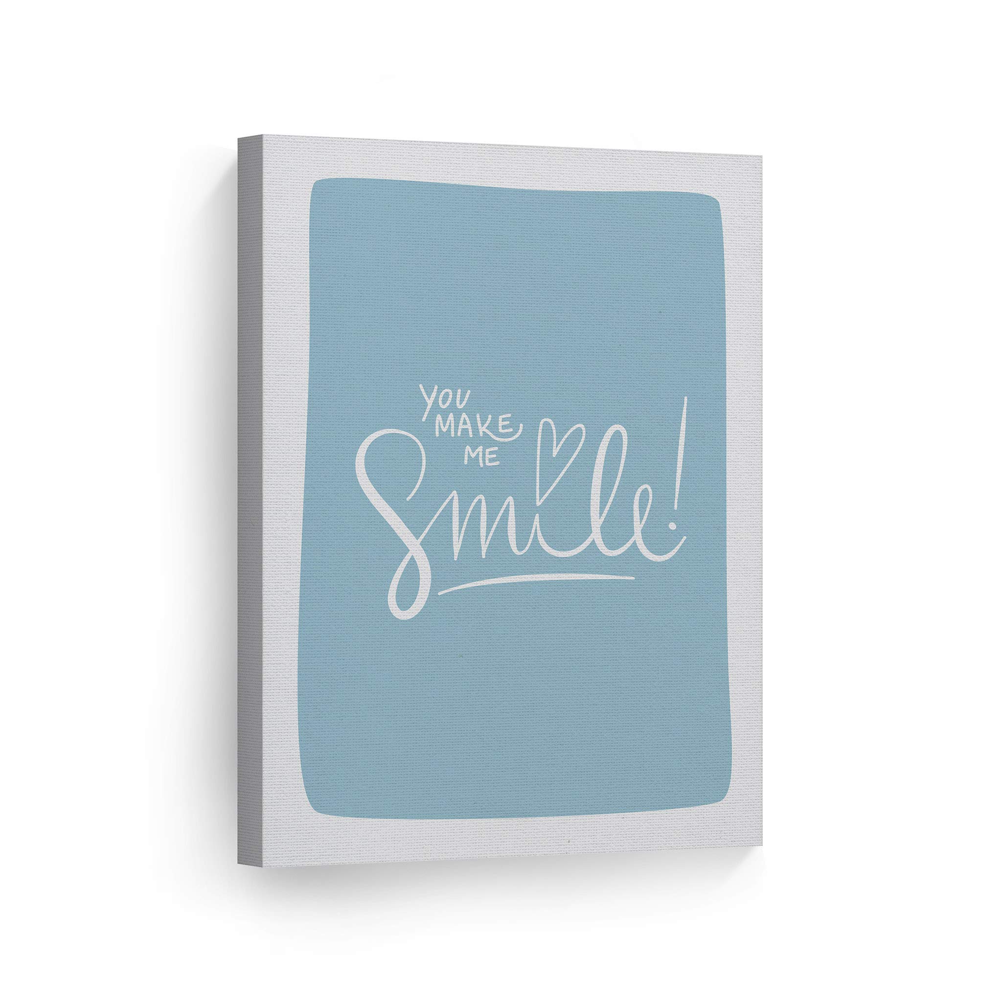 Smile Art Design 'You Make Me Smile' Blue Background Canvas Print - 22x15 Inch Ready to Hang Wall Art for Kids Room, Nursery & Baby Room Decor | Made in USA | Perfect for Birthday Gifts & Nursery Wall Decorations