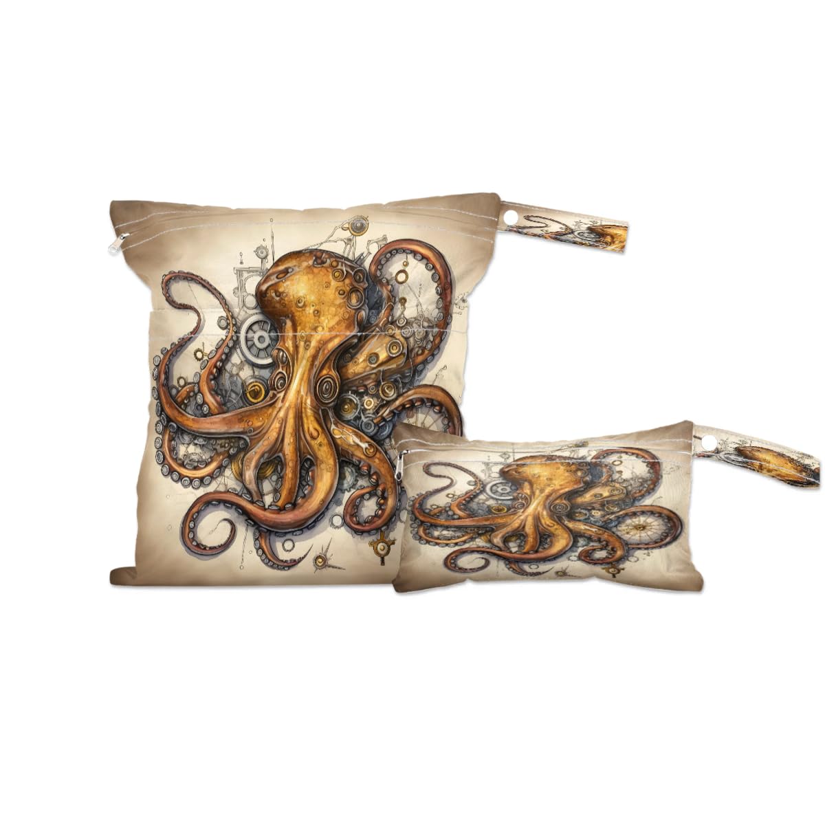 Retro Octopus Wet Dry Bag 2-Pack - Waterproof Travel Laundry Bag for Swimsuits, Cloth Diapers & Beach Essentials | Reusable Storage Organizer for Pool, Gym, Yoga & Baby Care | Perfect for Beach Trips, Swimming Lessons & Sports Activities
