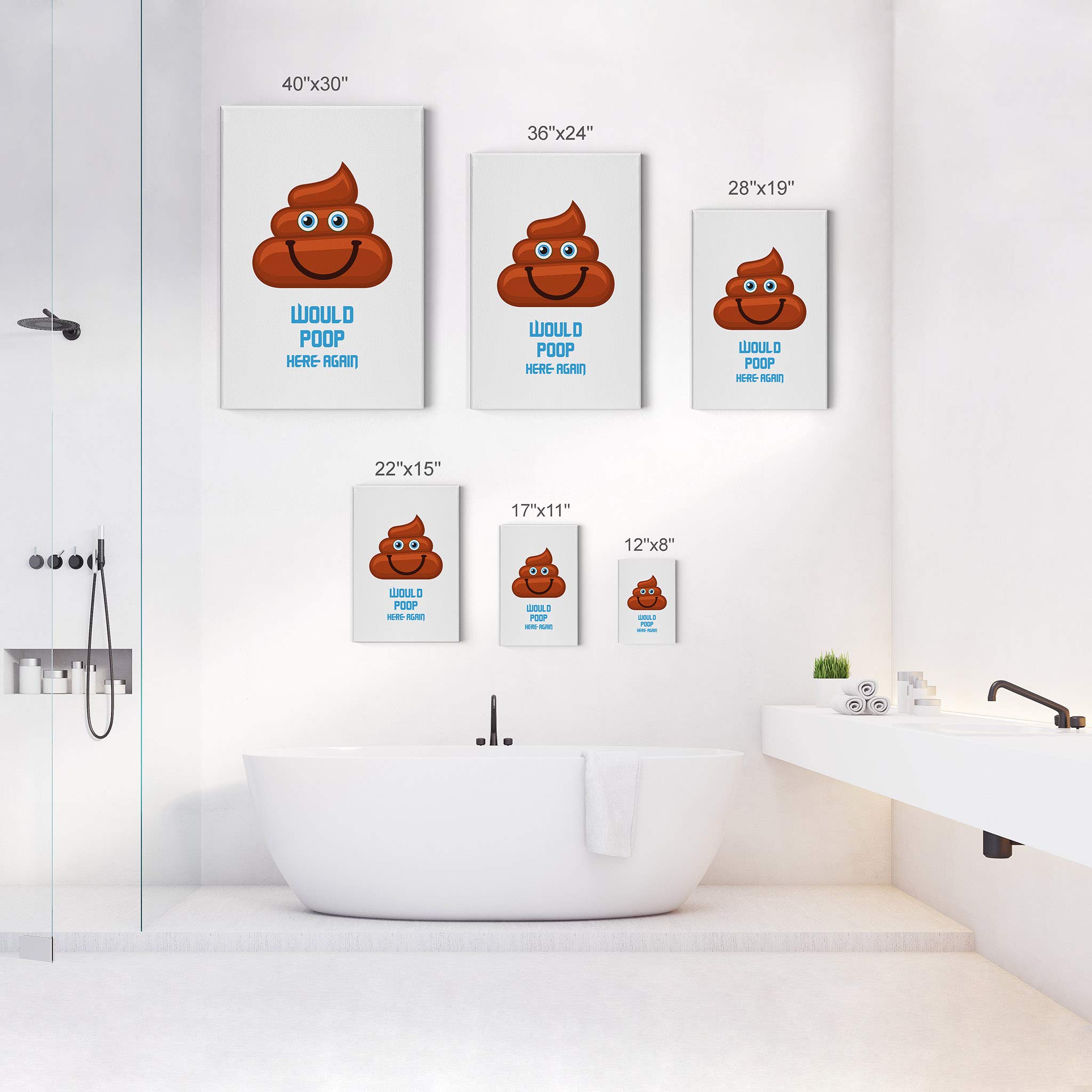 Funny Bathroom Wall Art - 'Would Poop Here Again' Canvas Print | 36x24 Ready to Hang | Kids Humor Toilet Sign | Unique Bathroom Decor for Home & Office | Made in USA | Perfect Gift for Housewarming & White Elephant Parties