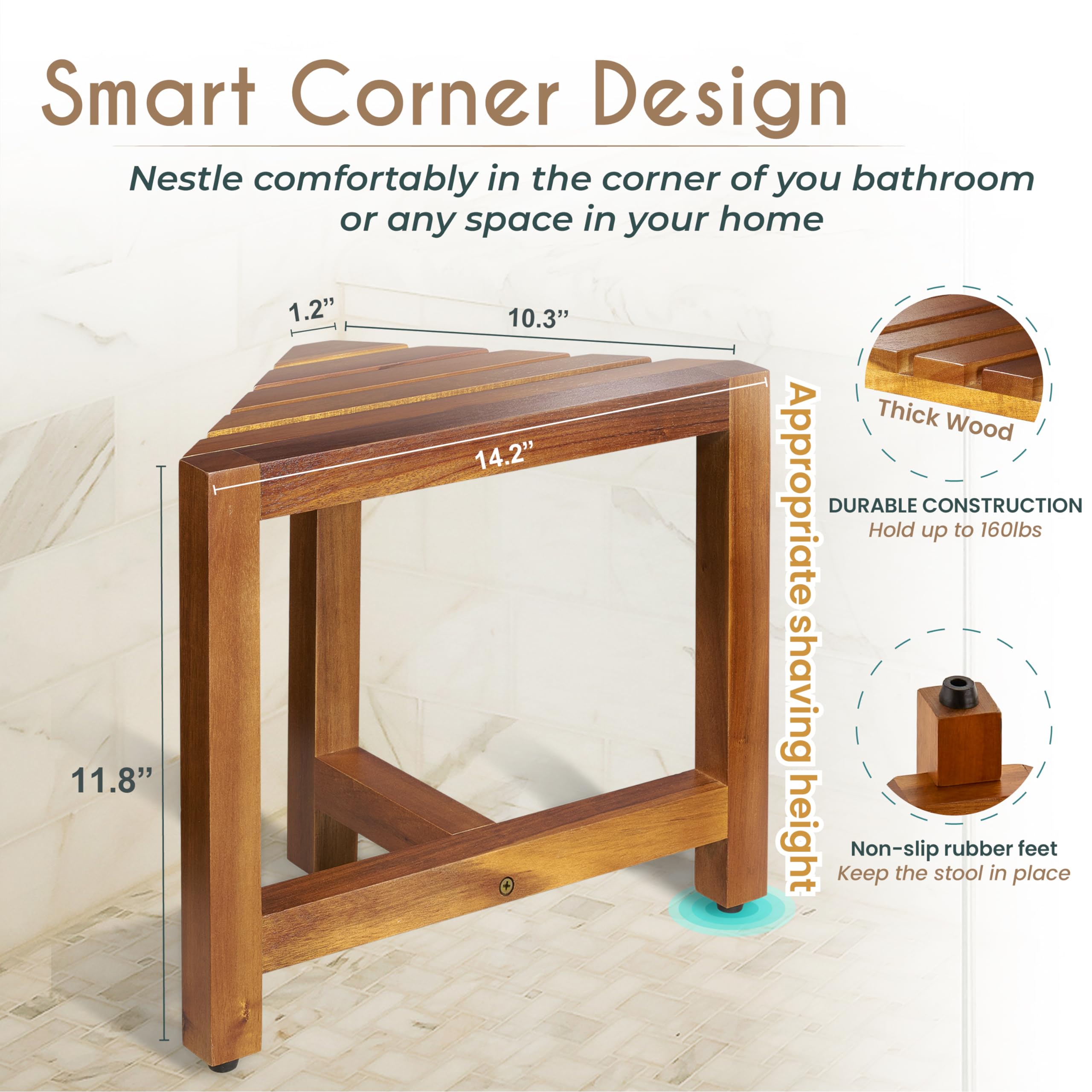 BLUEWEST Acacia Wood Shower Foot Stool - Non-Slip Bathroom Bench for Shaving Legs, Compact Corner Shower Seat with Waterproof & Durable Design - Perfect for Small Spaces, Spa-Like Relaxation & Pedicures