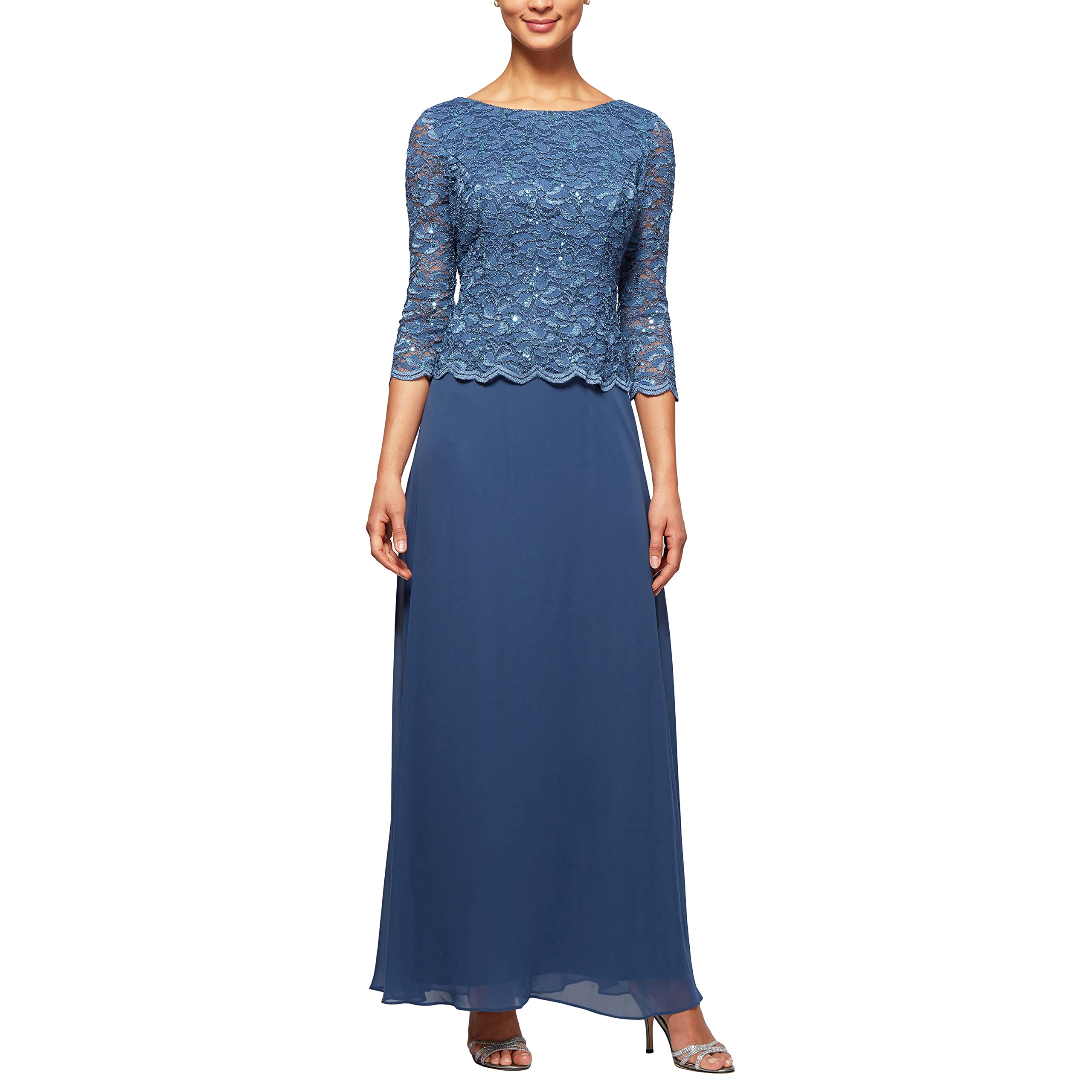 Alex Evenings Women's Elegant 3/4 Sleeve Stretch Lace Mock Wrap Gown - Perfect for Weddings, Cocktail Parties & Formal Events