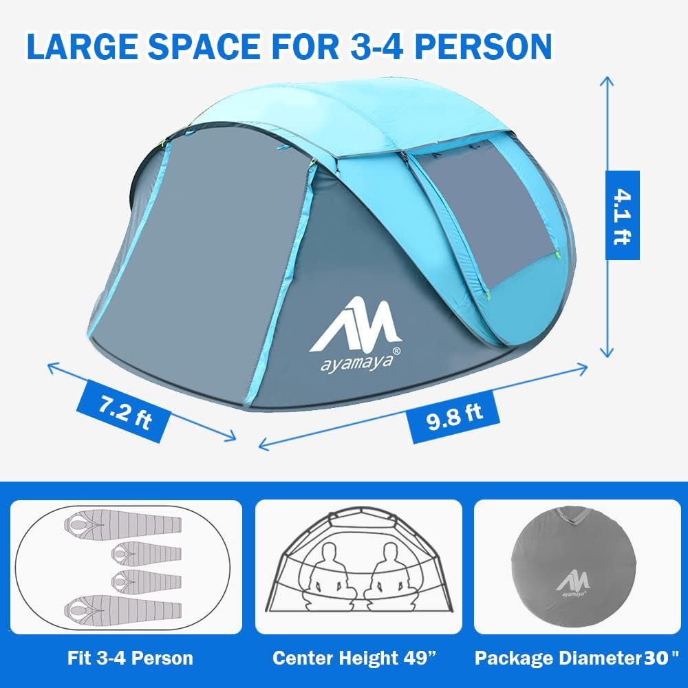 Portable Camping Fan with LED Lights & Remote Control + 4 Person Waterproof Pop Up Tent Set - Rechargeable Outdoor Gear for Camping, Backpacking, Hiking & Beach Trips