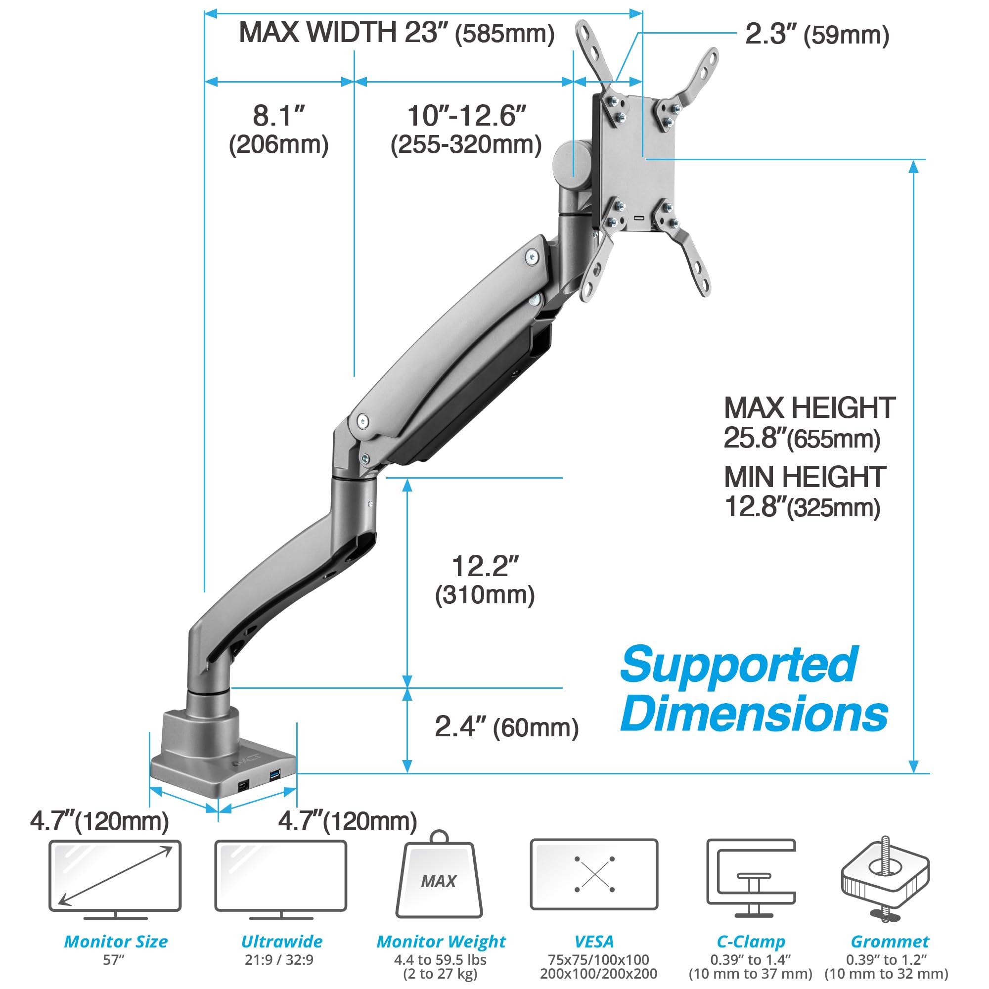 AVLT Premium Aluminum Single Monitor Arm 17