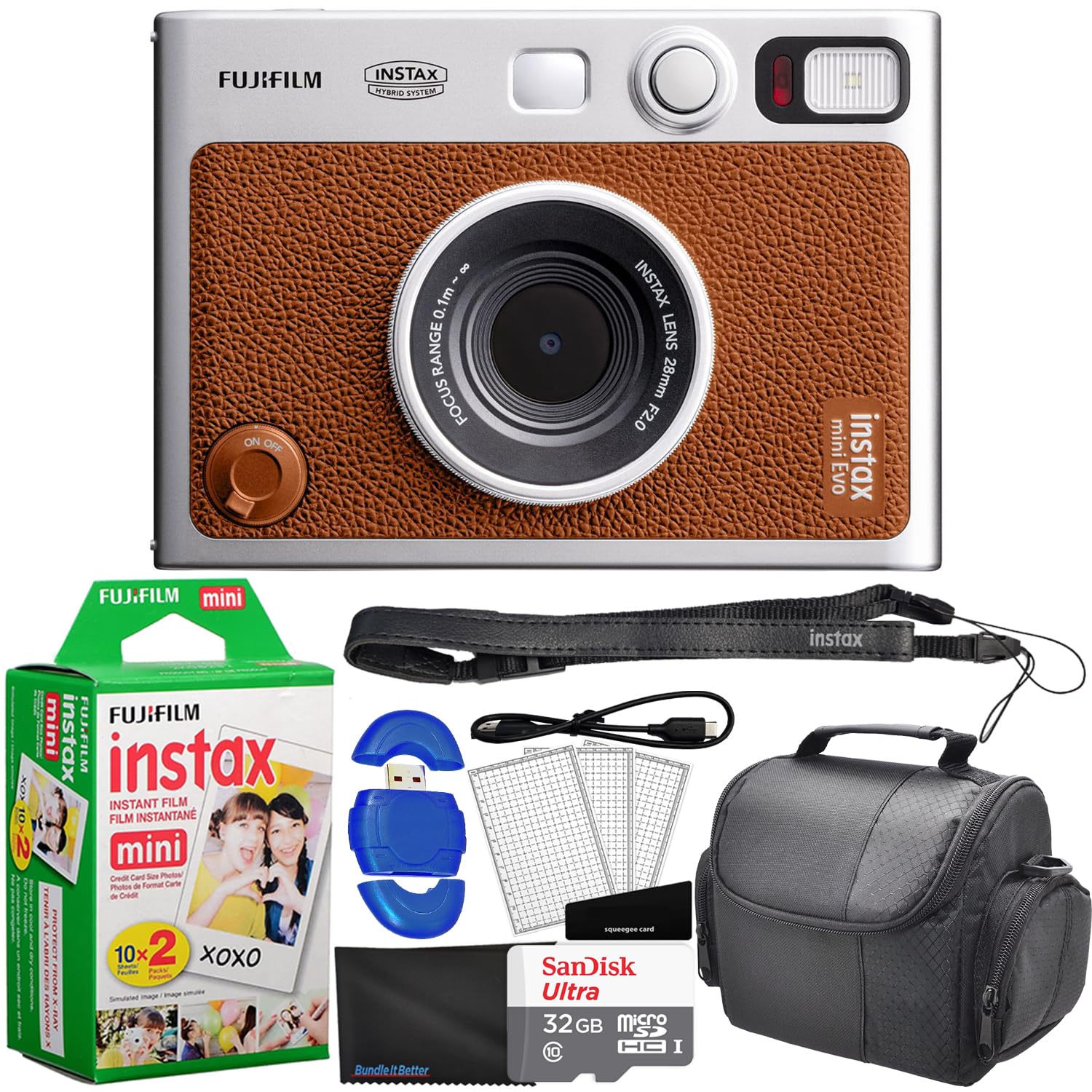 Fujifilm Instax Mini EVO Hybrid Instant Camera Bundle - Brown with 20 Instax Mini Film Sheets, 32GB SD Card, USB Reader, Case & Accessories | Perfect for Travel, Parties & Instant Photo Gifts