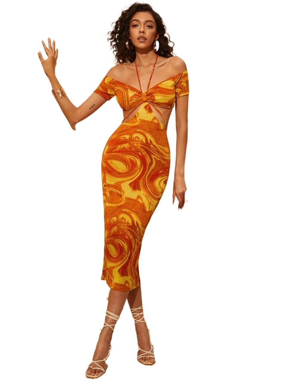 IFAJOR Women's Summer Dress - Marble Print Cut Out Tie Back Bodycon Dress, Casual Sleeveless Mini Dress for Beach, Party, Date Night (Multicolor, X-Small)