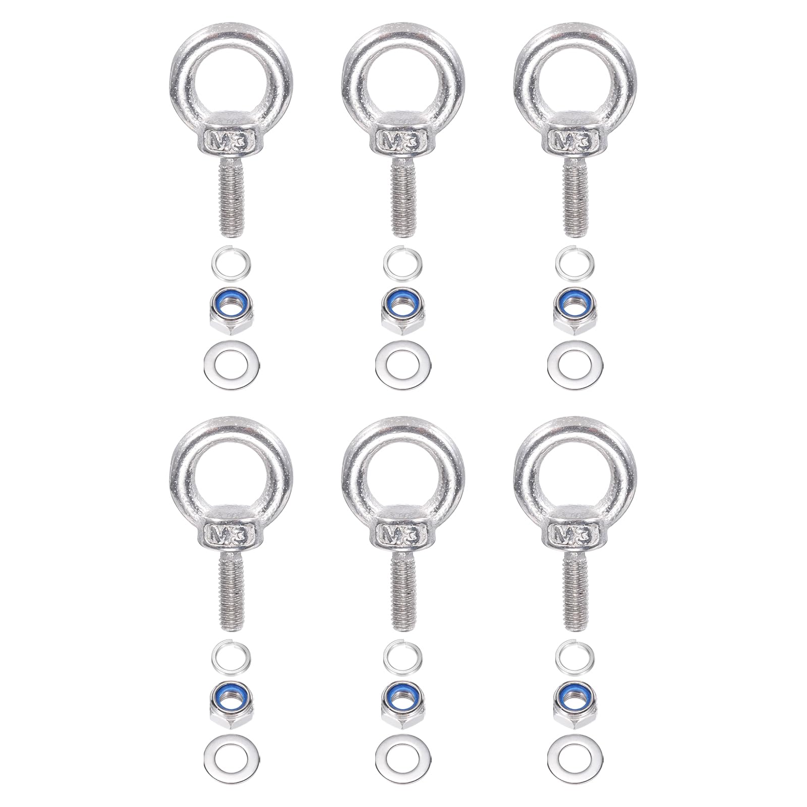 PATIKIL M3 x 9mm Stainless Steel Shoulder Eye Bolt - 6PCS 304 Grade Lifting Ring Eyebolt with Nuts & Washers - Heavy Duty Hanging Hardware for Hammocks, Swings, and Outdoor Decor