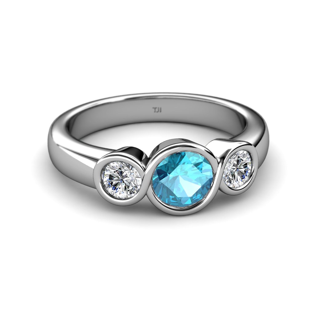 London Blue Topaz & Diamond (SI2, G) Infinity Three Stone Ring 1.95ct tw in 14K White Gold - Elegant Engagement, Anniversary Gift for Her