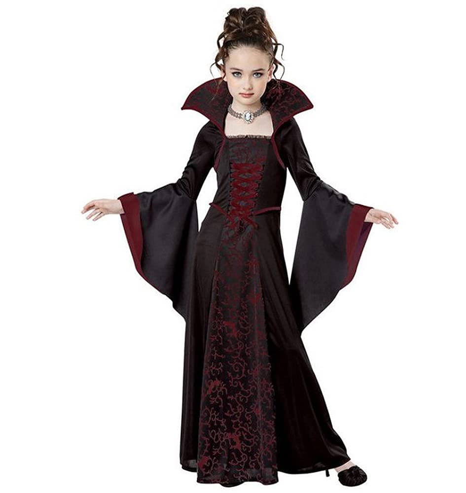 Medieval Princess Witch Costume for Girls - Vintage Flared Sleeve Halloween Dress with Royal Vampire Print | Perfect for Cosplay, Halloween Parties & Renaissance Fairs