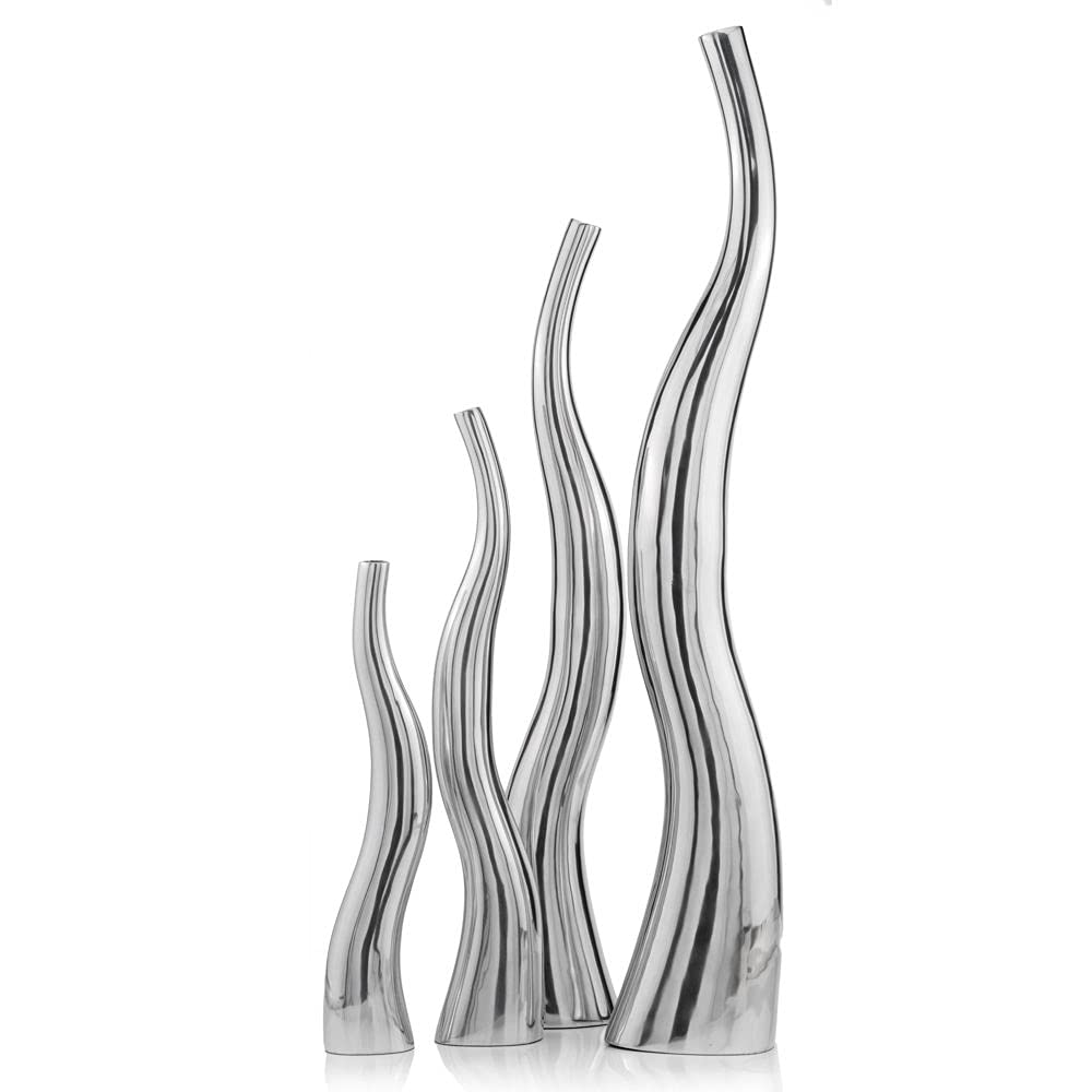 Set of 2 Modern Tall Silver Squiggly Vases - Elegant Home Decor for Living Room, Dining Table & Wedding Centerpieces