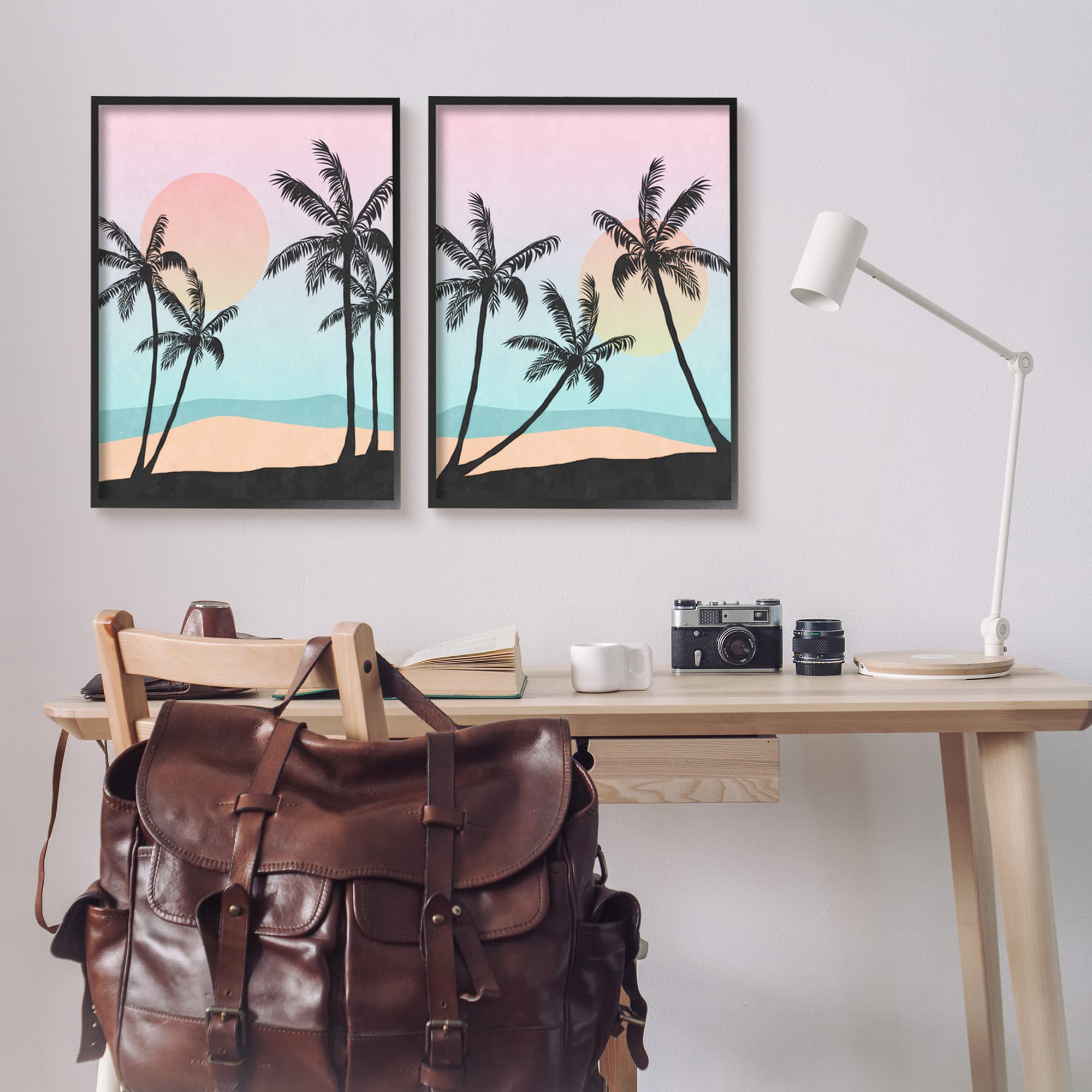 Tropical Sunset Sunrise Palm Tree Beach Illustration Art Print by Nina Blue - Perfect for Coastal Decor, Living Room, Bedroom & Office Wall Art