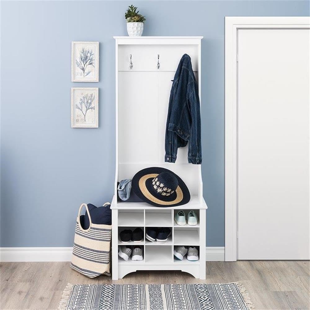 White Hall Tree with Shoe Storage - 9 Cubbies & 3 Double Coat Hooks - Entryway Organizer (15.5