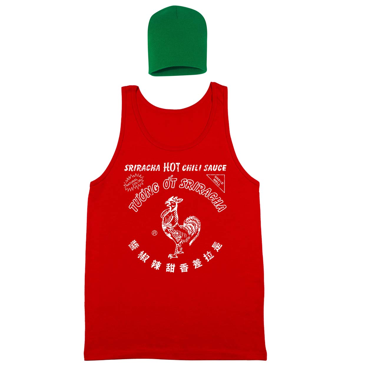 Spicy Sriracha Hot Chili Sauce Bottle Costume Outfit with Hat - Men's Funny Novelty Tank Top for Halloween, Cosplay & Costume Parties