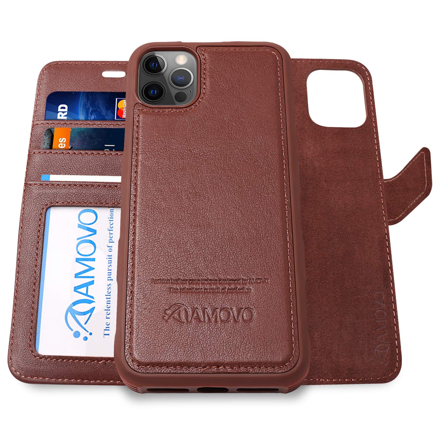 Premium AMOVO 2-in-1 Detachable Wallet Case for iPhone 12 Pro Max - Genuine Leather with Magnetic Clasp & Wrist Strap (Brown) - Protective Phone Cover for Everyday Use & Travel